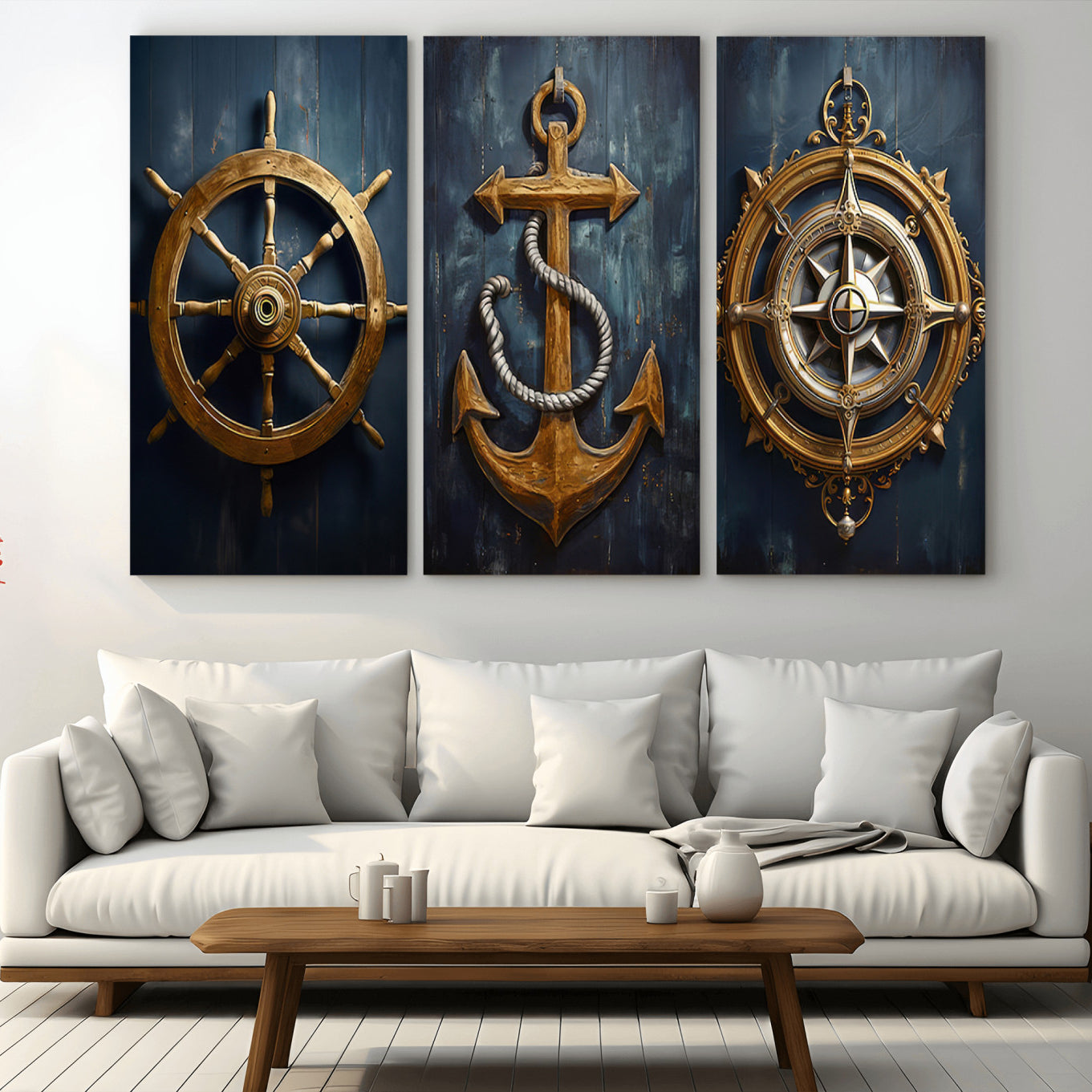 56214-MGV-CV-36X24-Boat Anchor Compass With Rope Wall Art Canvas Print | Beach House Wall Art