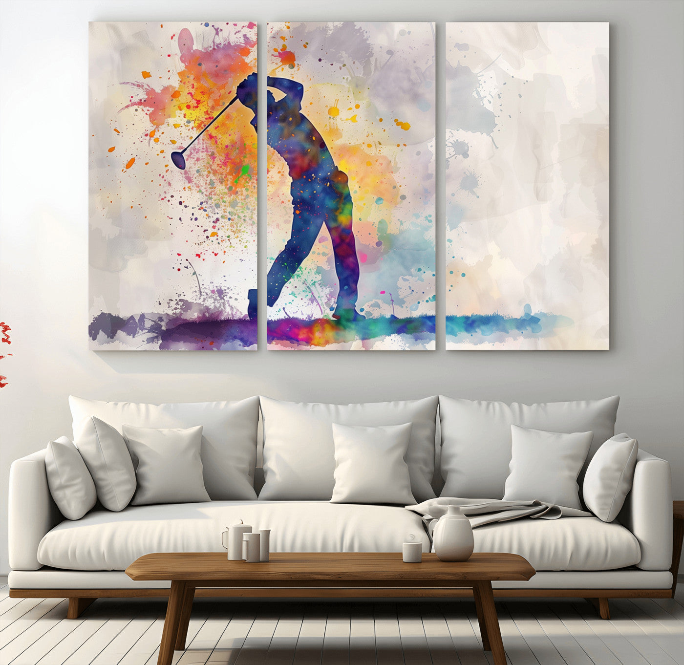 -Watercolor Golf Swing Wall Art Canvas Print | Vibrant Abstract Golf Player Silhouette |