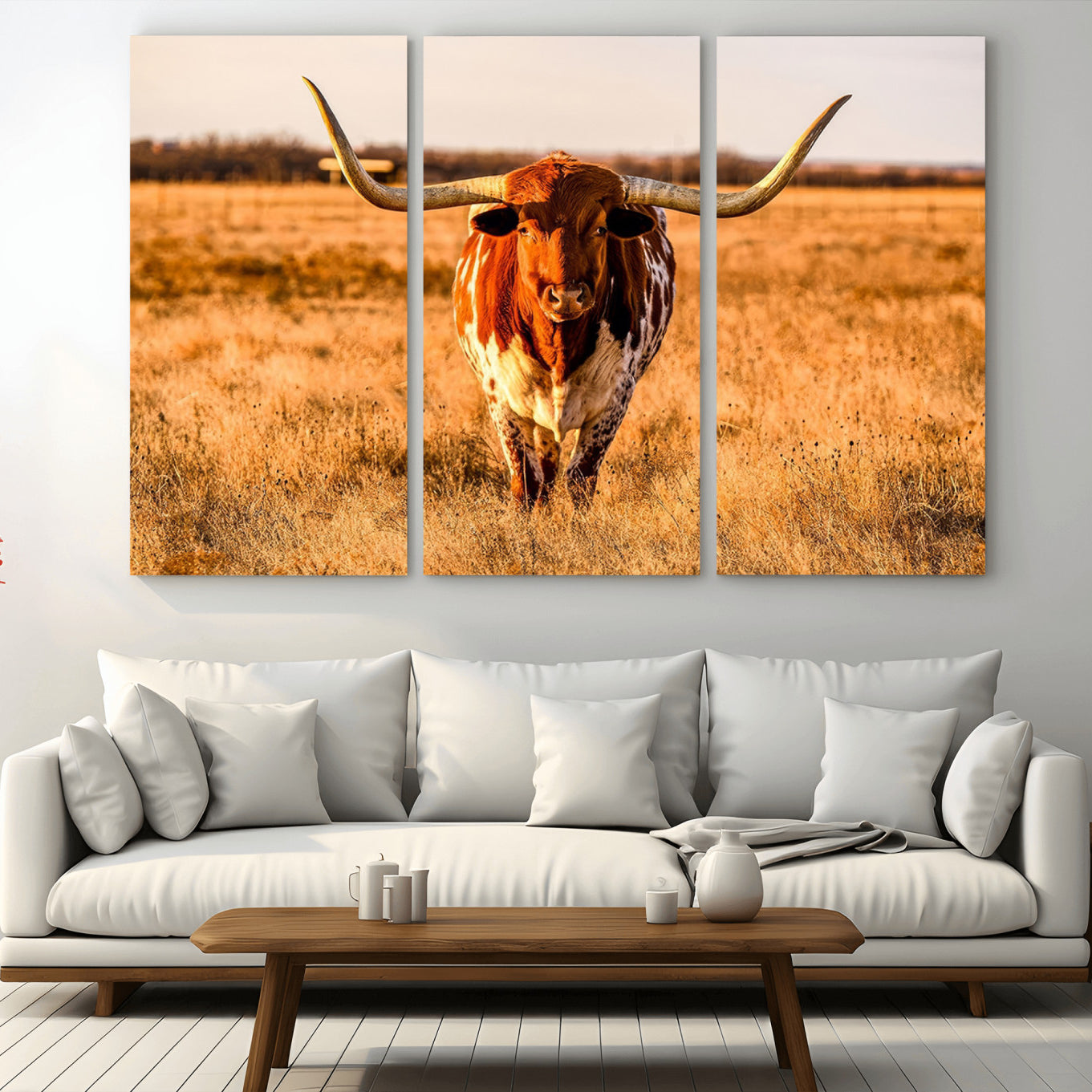 -Longhorn Cow Wall Art | Ready to Hang Framed Canvas Print for Farmhouse and Barn Decor