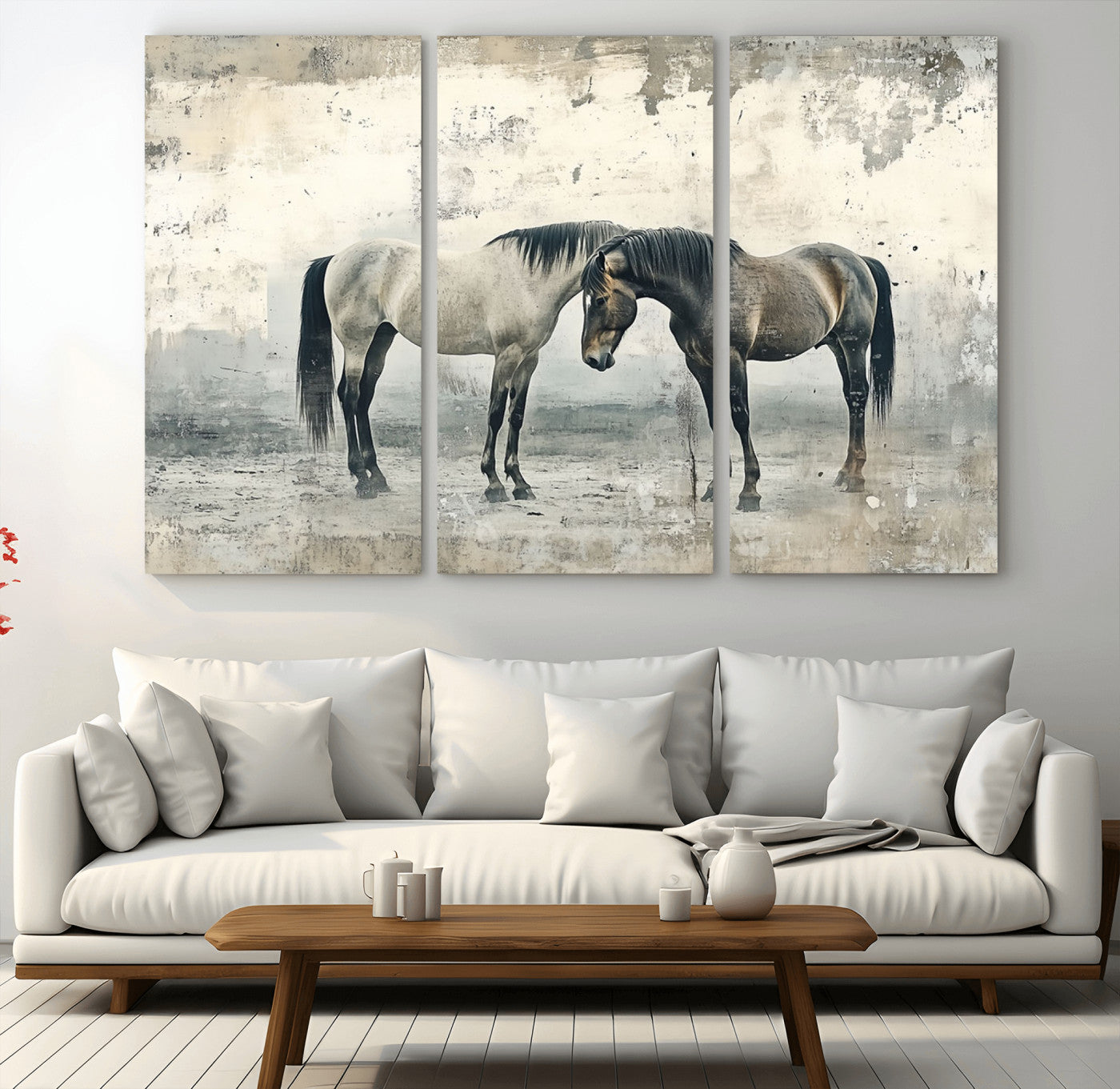 -Chines Style Majestic Horses Wall Art | Ready to Hang and Framed Triptych Print | Western Farmhouse