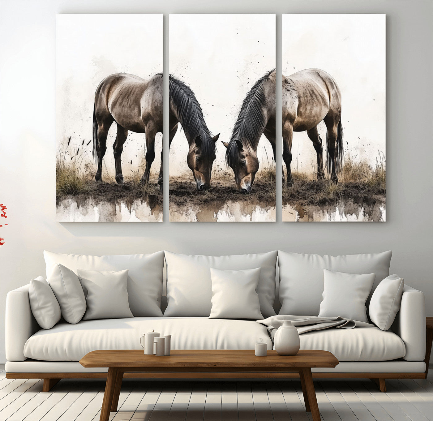 71729-MGV-CV-48X32-3P-Chines Ink Style Horses Wall Art Canvas Print