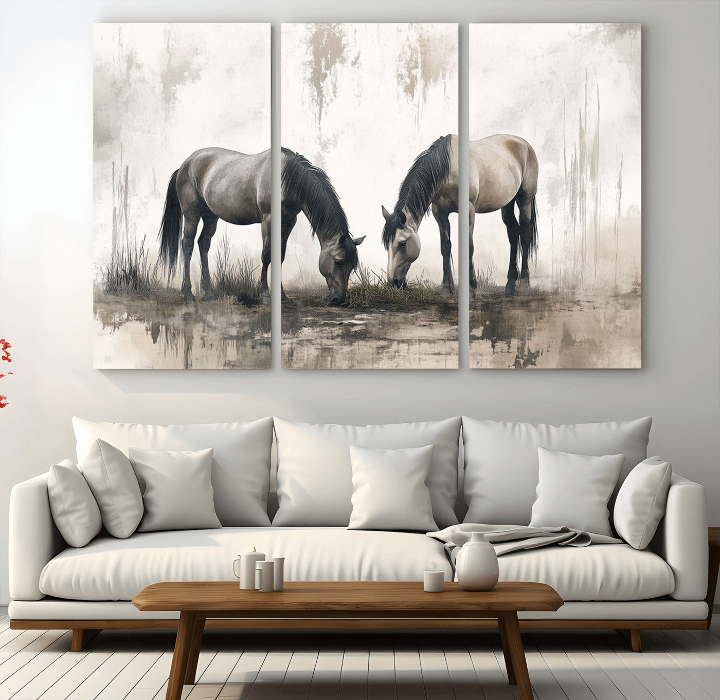 35494-MGV-CV-48X32-3P-Chines Ink Style Vintage Horses Wall Art Canvas Print for Farmhouse Wall Decor