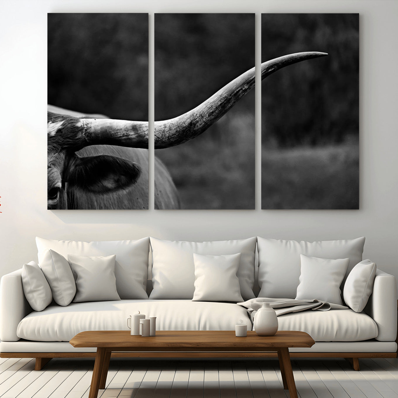 -Cow Longhorn Wall Art | Black and White Print | Ready to Hang and Framed | Farmhouse Wall Decor |