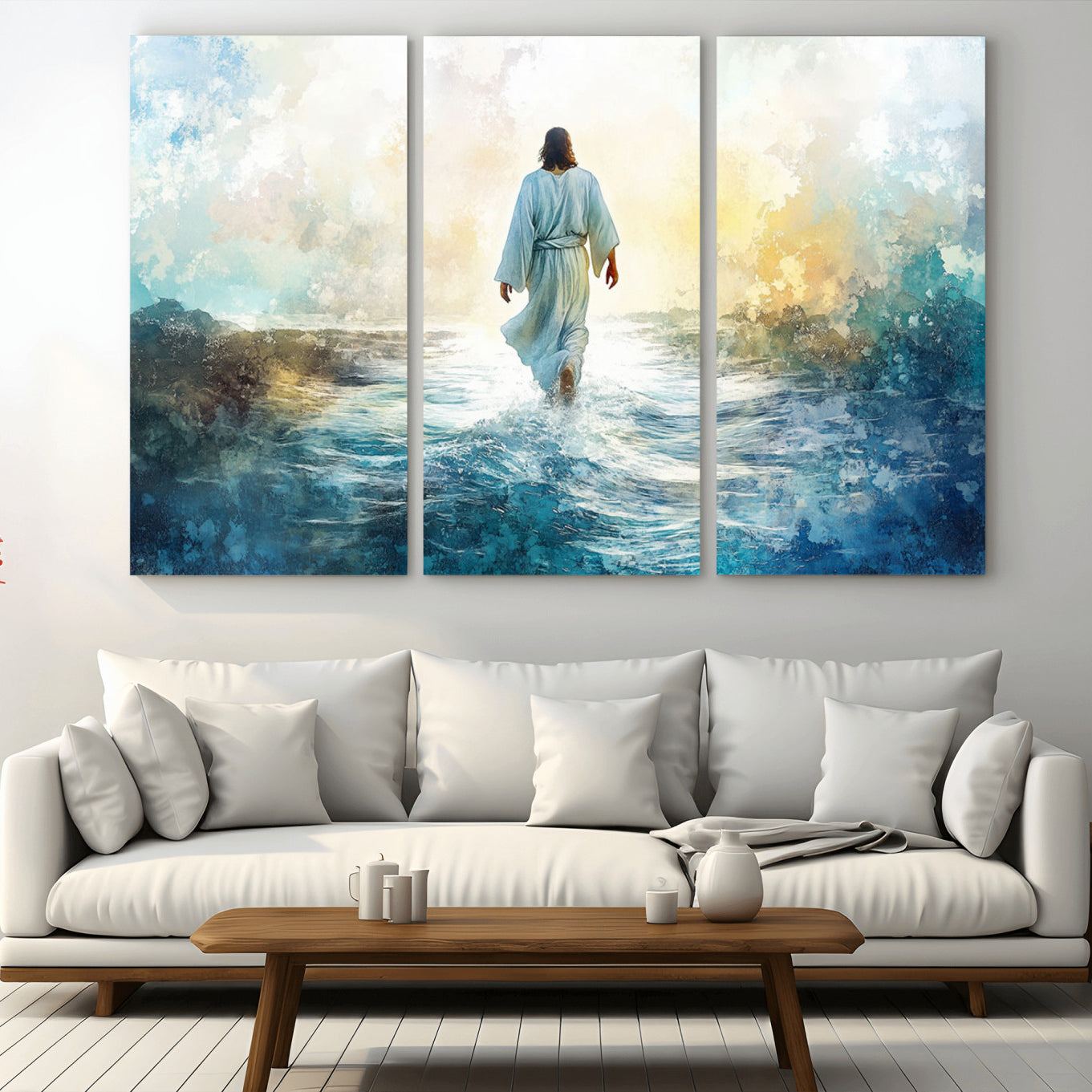-Watercolor Jesus Walking on Water Canvas Print, Christian Wall Art, Jesus Christ Walking