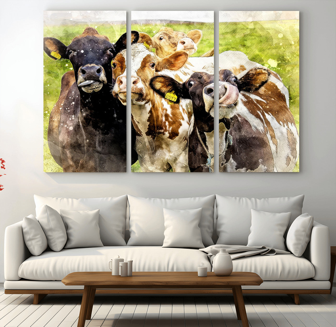62642-MGV-CV-48X32-3P-Curious Cows Farmhouse Wall Art | Ready to Hang and Framed Canvas Print | Rustic Farm Decor