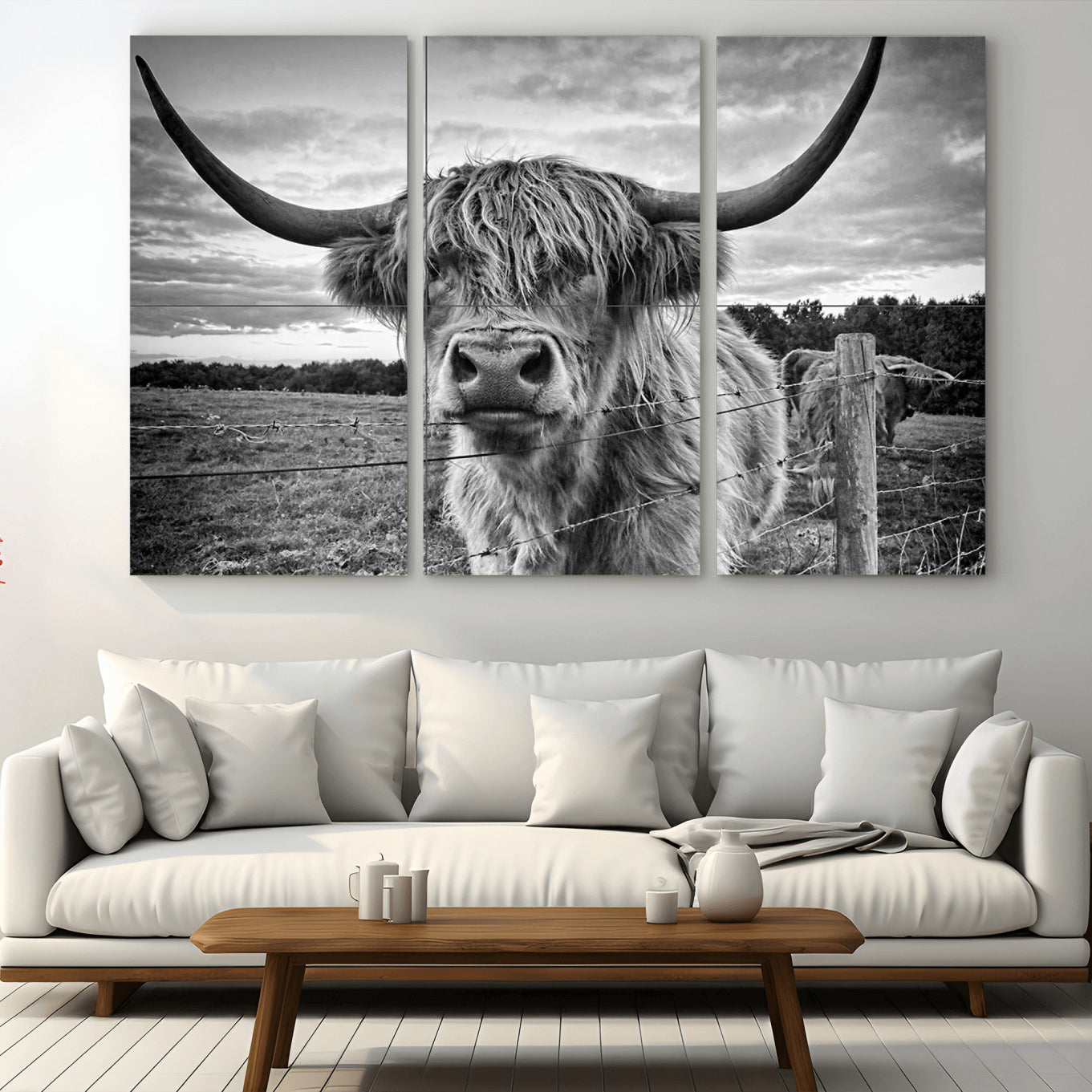 -Scottish Highland Cow Canvas Wall Art Farmhouse Decor, Framed Scottish Highland Cow Print