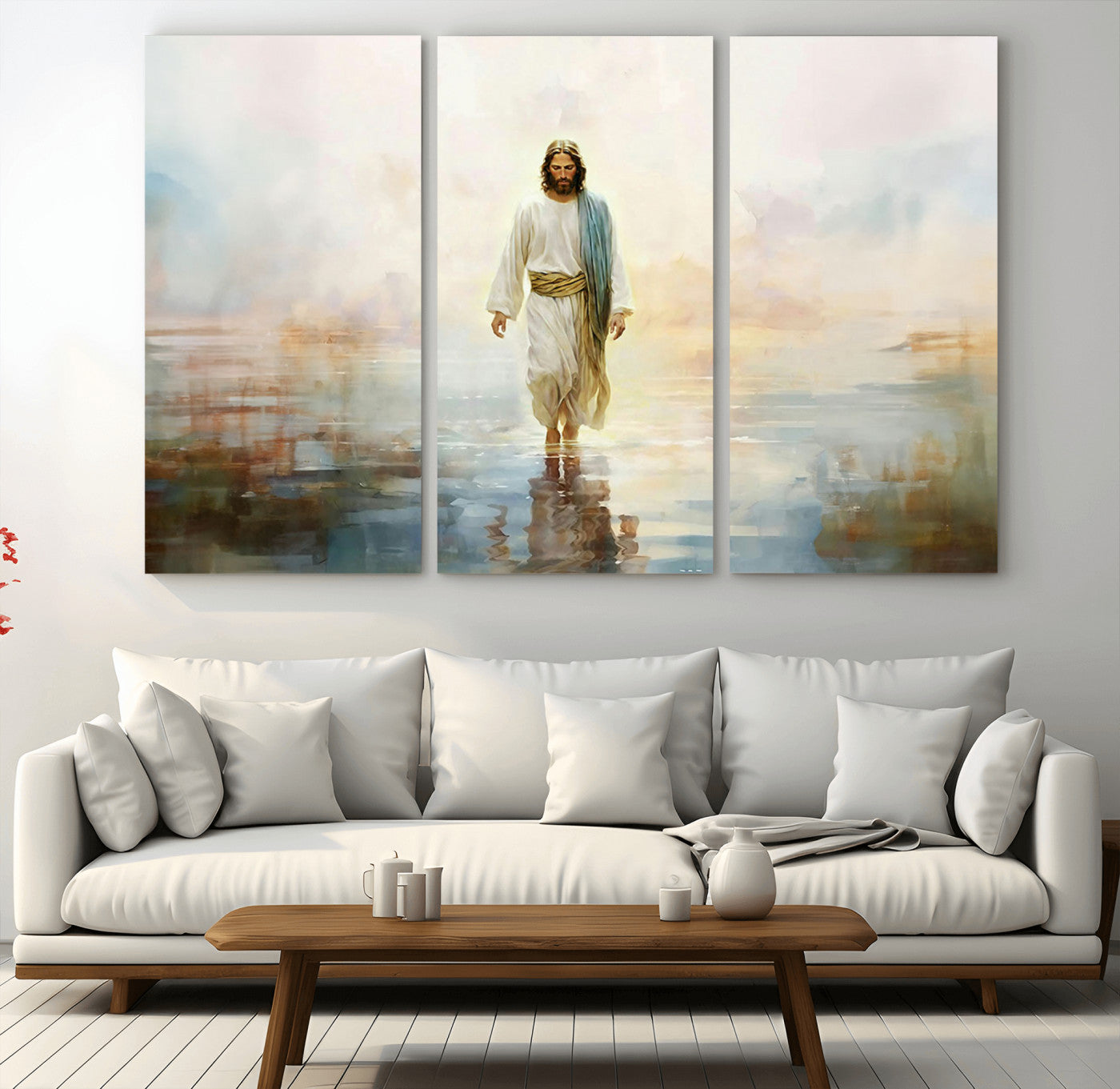 41795-MGV-CV-36X24-Framed Jesus Walking on Water Wall Art - 3-Panel Christian Canvas Prints, Religious Artwork for