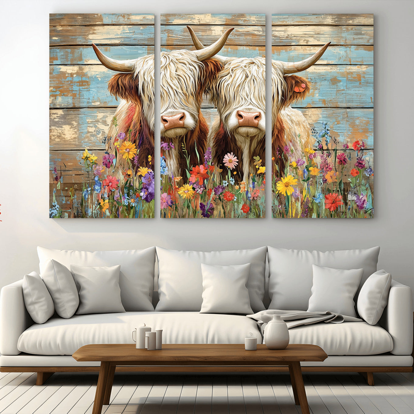 36972-MGV-CV-48X32-3P-Cute Highland Cow Canvas Wall Art - Rustic Farmhouse Decor with Colorful Flowers Perfect Wall Art
