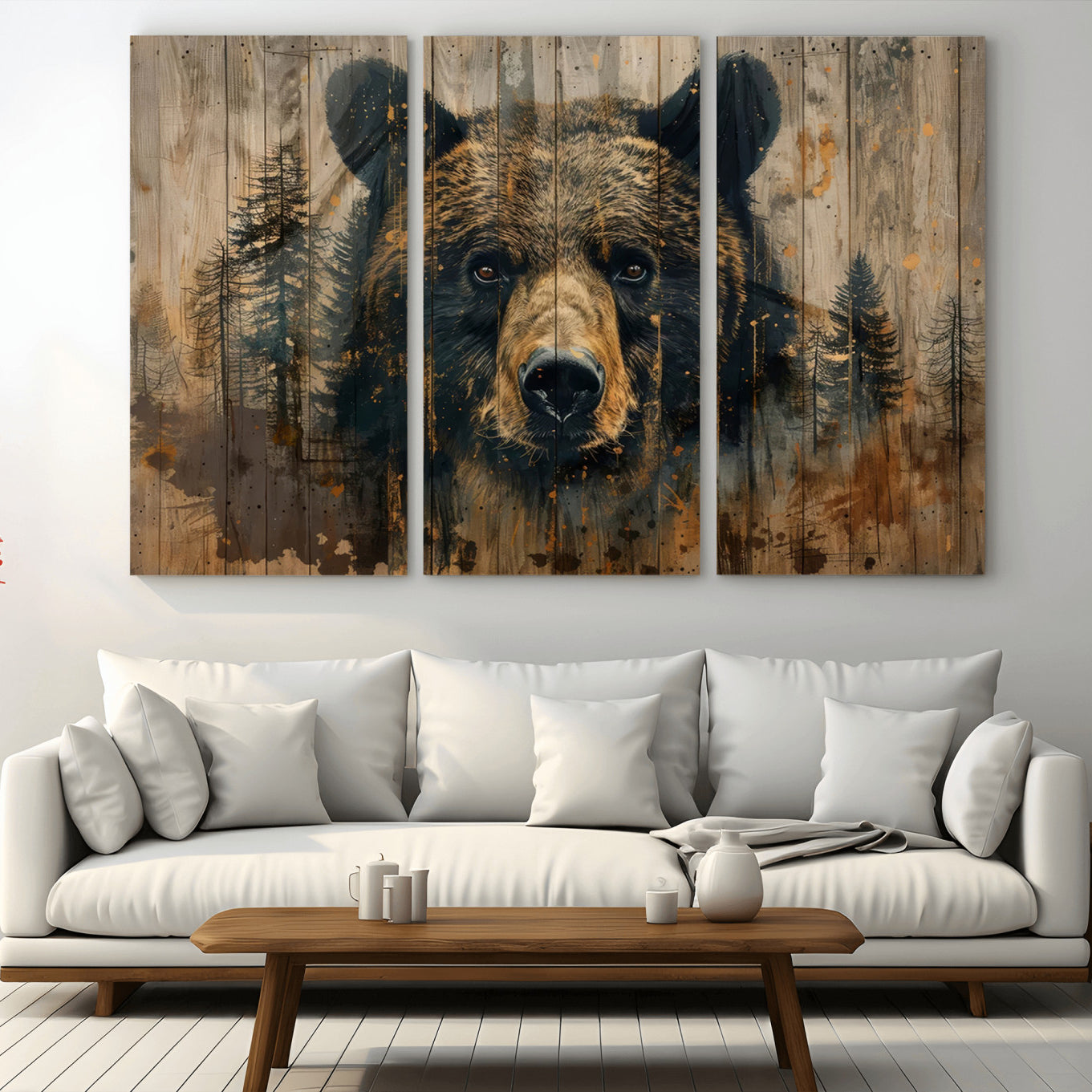 -Abstract 399 Bear Wall Art | Rustic Cabin Wall Decor with Forest Design | Framed and Ready to Hang |