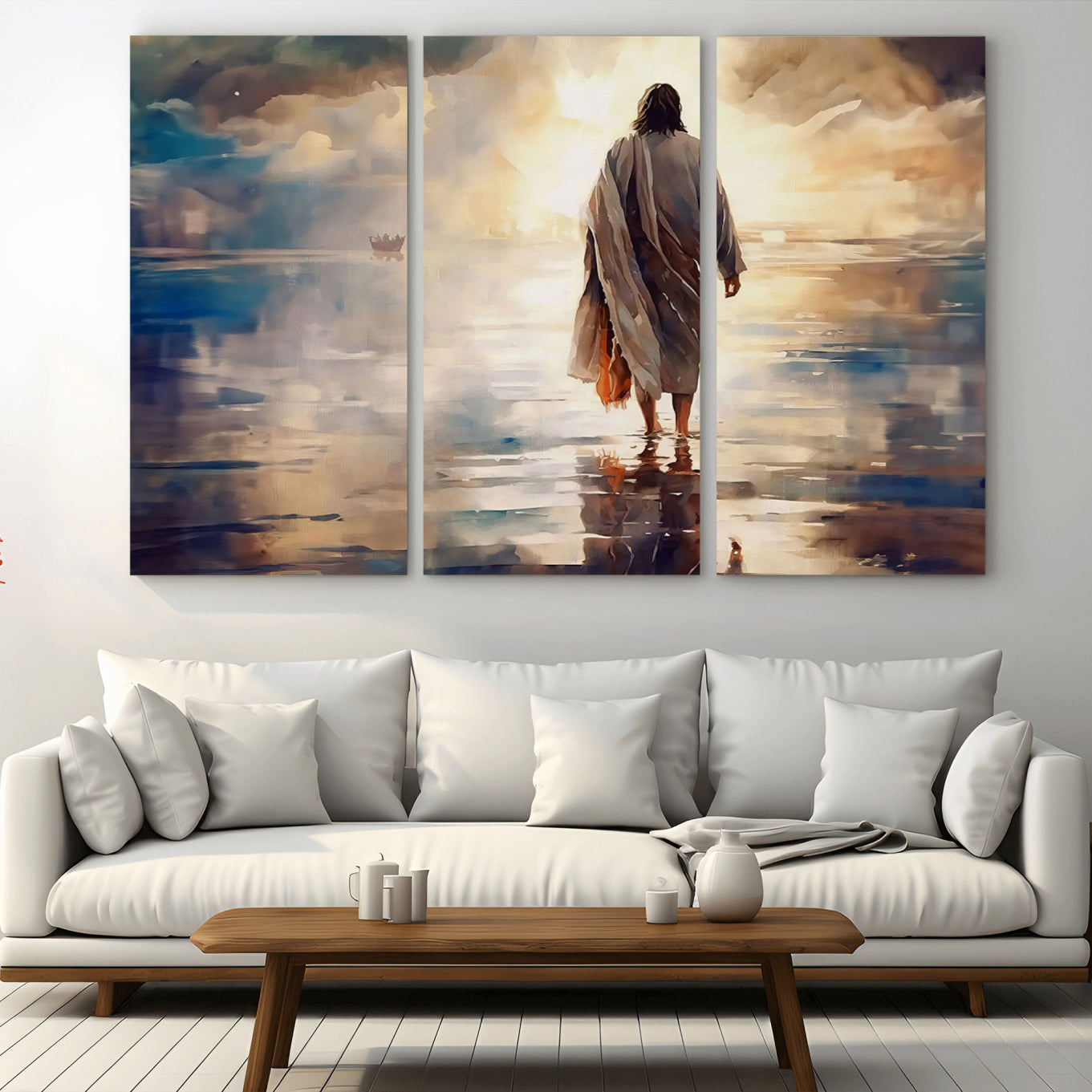 -Jesus Walking on Water Wall Art | Ready to Hang Spiritual Triptych Canvas Print | Inspirational