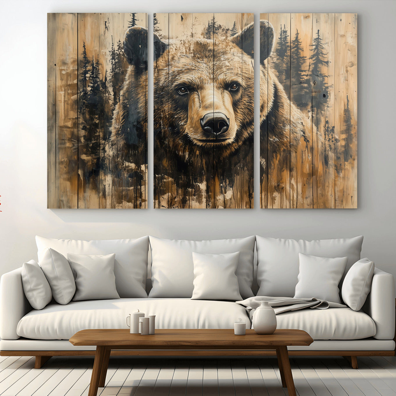 -Majestic Grizzly 399 Bear Wall Art | 3-Panel Rustic Canvas Print for Living Room, Office, or Cabin