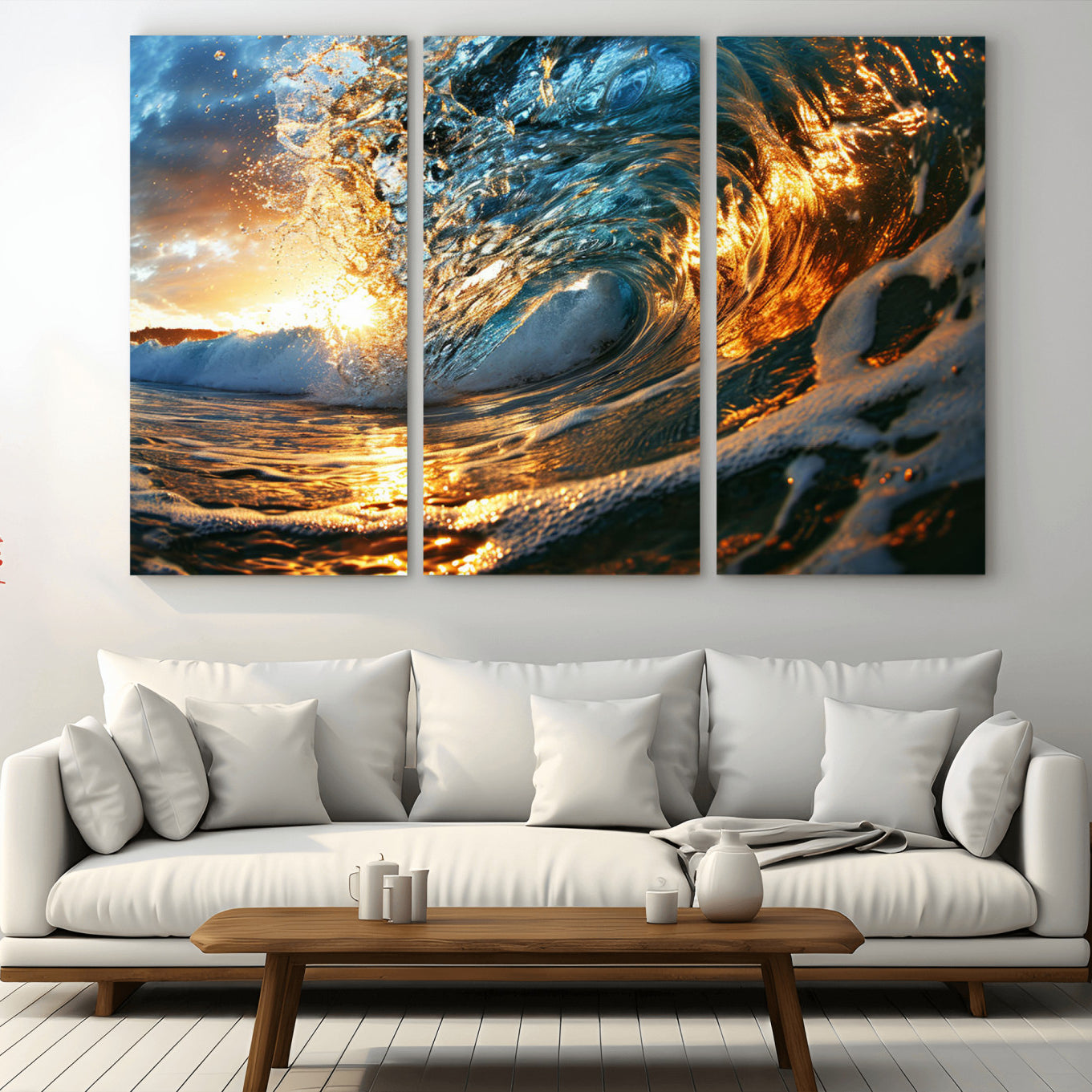 41370-MGV-CV-36X24-Ocean Wave at Sunset Canvas Wall Art – Vibrant Coastal Beach Waves Print, Large Nautical Decor,