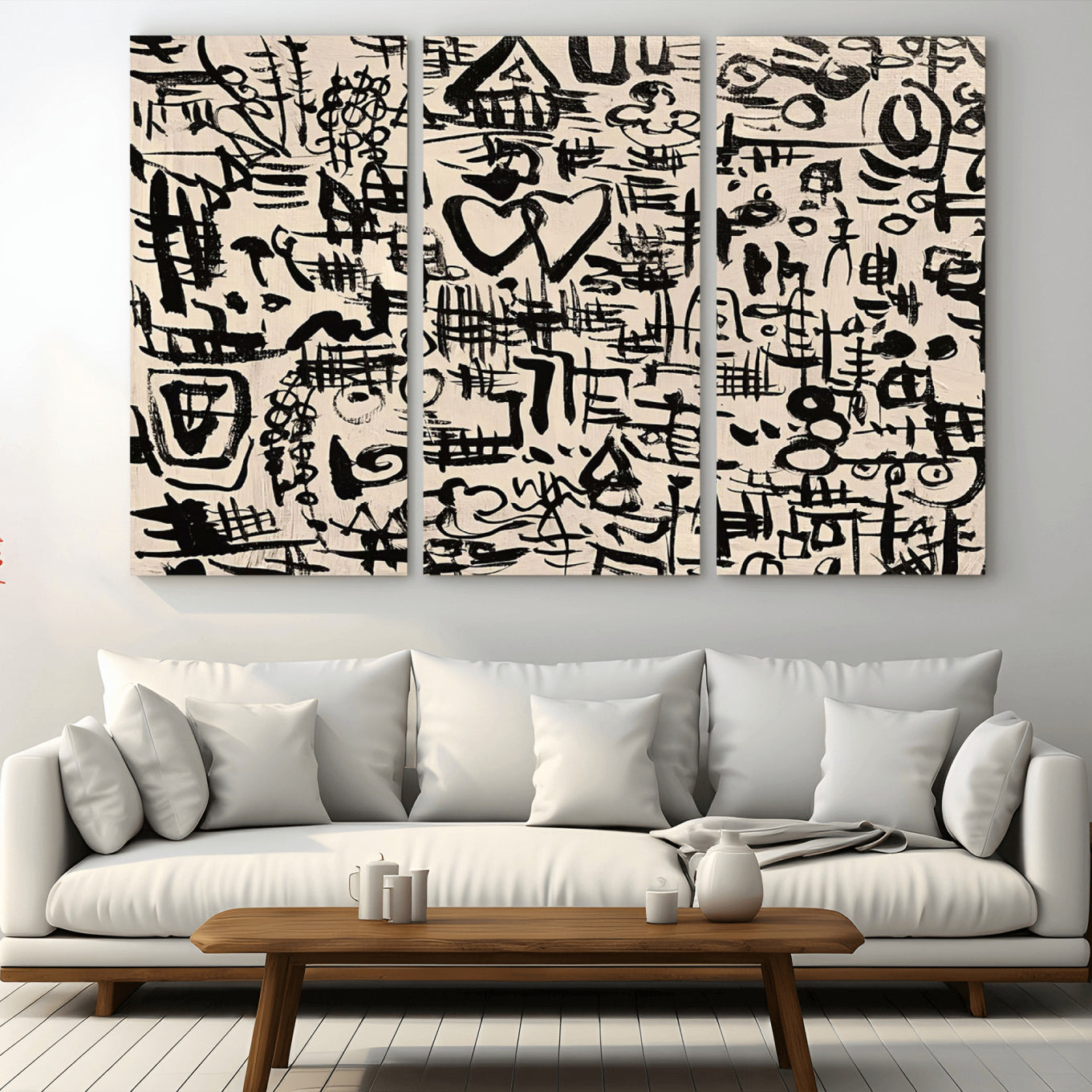 68273-MGV-CV-48X32-3P - Abstract Love and Chaos Canvas Print, Black Symbols on Beige