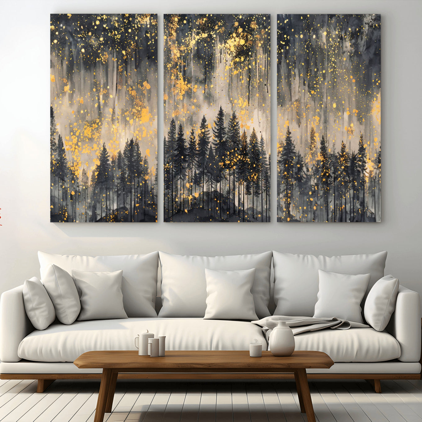 46049-MGV-CV-36X24-Golden Forest Abstract Wall Art | Dark Forest with Gold Splatter Accents | Triptych Ready to Hang