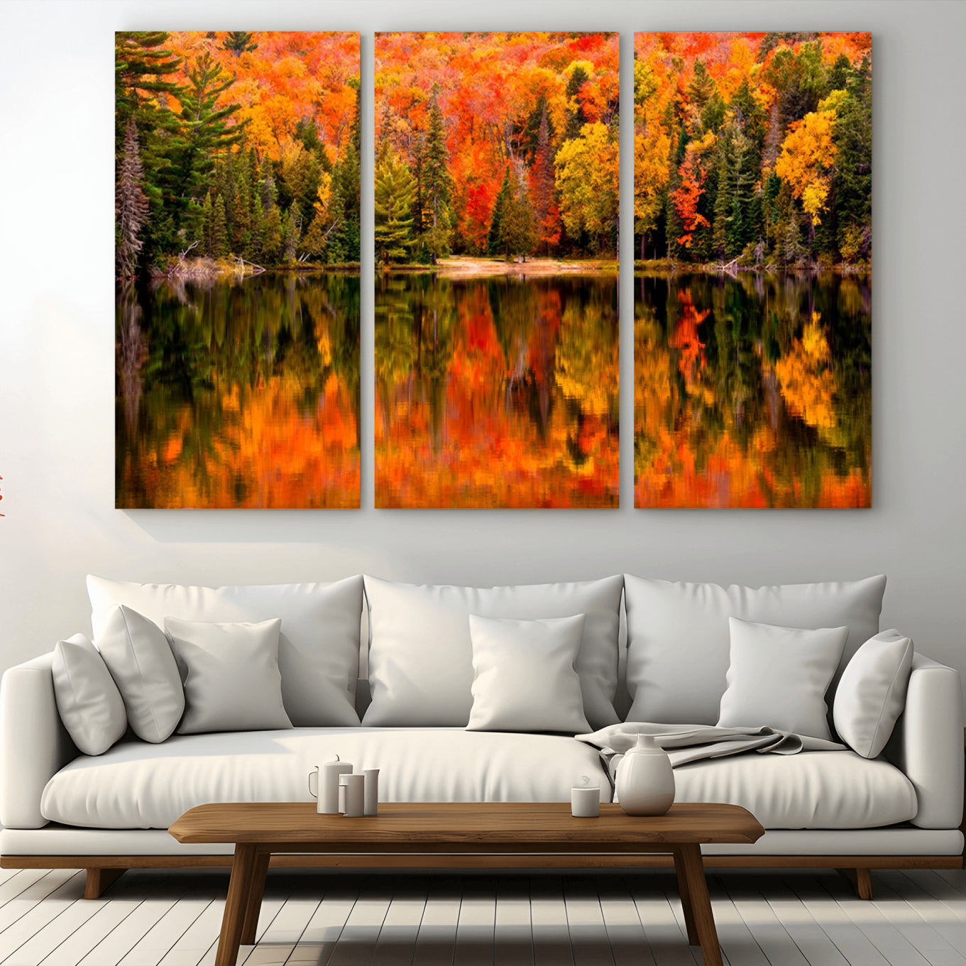 75397-MGV-CV-36X24-Forest Reflection Art | Autumn Forest Reflection Wall Art | Triptych Canvas Print | Vibrant Fall