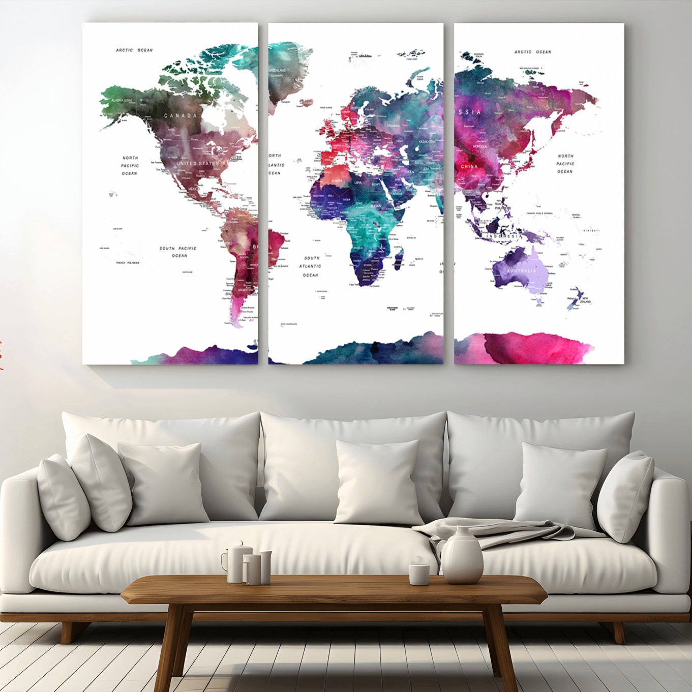 78176-MGV-CV-48X32-3P-Colorful Watercolor World Map Canvas Wall Art – Framed Modern Map Print, Vibrant Travel Inspired Artwork for Home and Office Decor