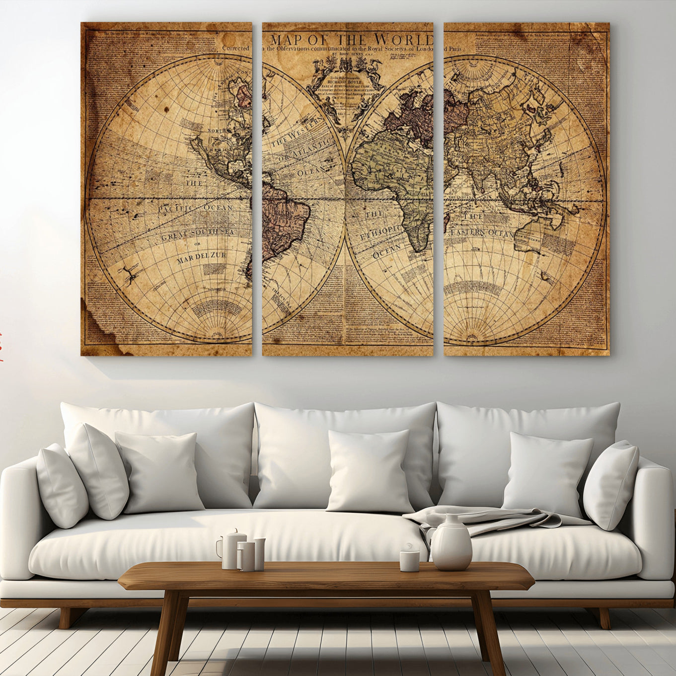 -Vintage World Map Wall Art Canvas – Antique Style Push Pin Travel Map, Framed Decorative Wall Decor for Home, Office