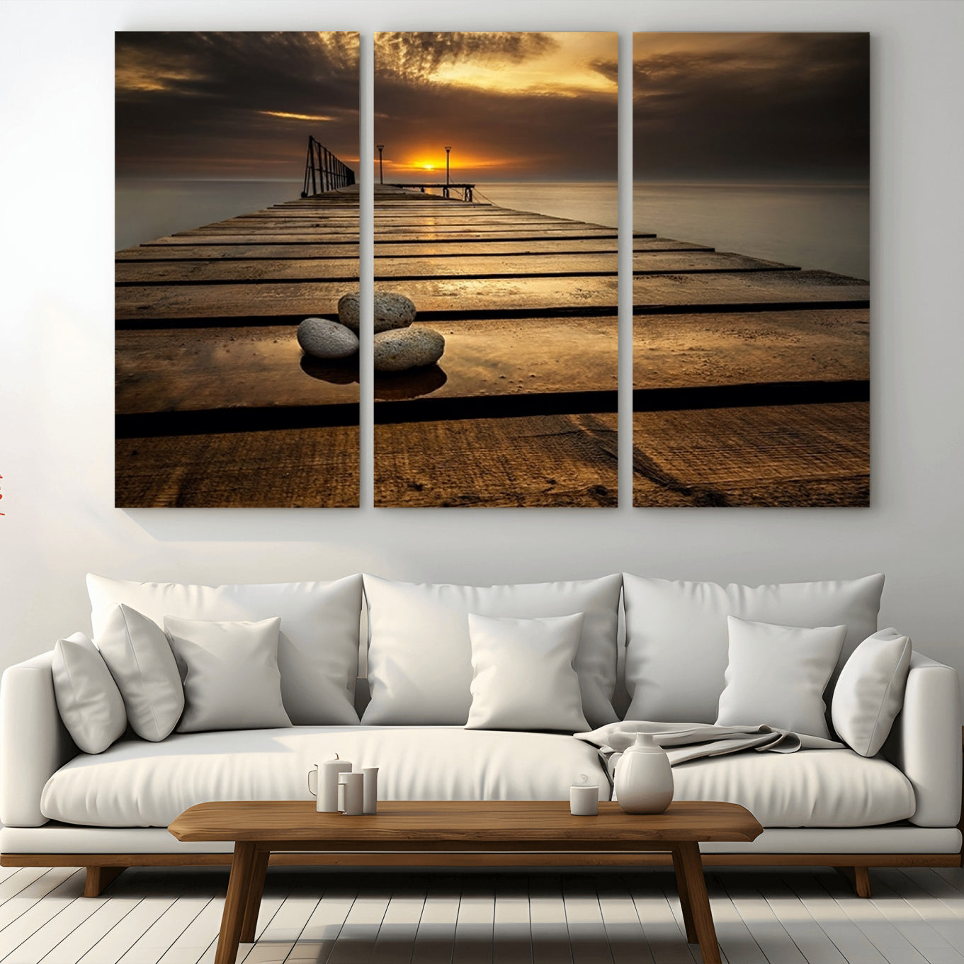 -Stones on Wooden Pier at Sunset Canvas Print, Serene Coastal Wall Art, Beach Sunset Photography,