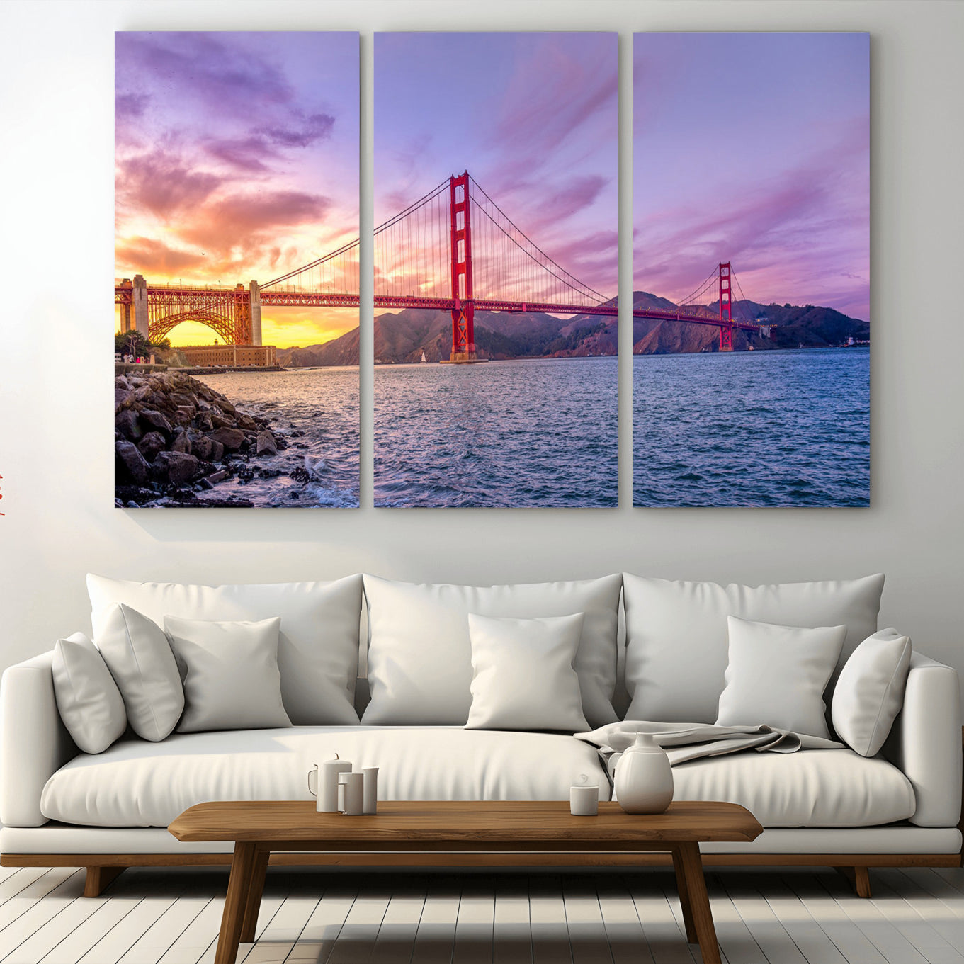 -Golden Gate Bridge Wall Art Canvas Print – Framed San Francisco Sunset Scene with Cityscape Artwork for Home, Office