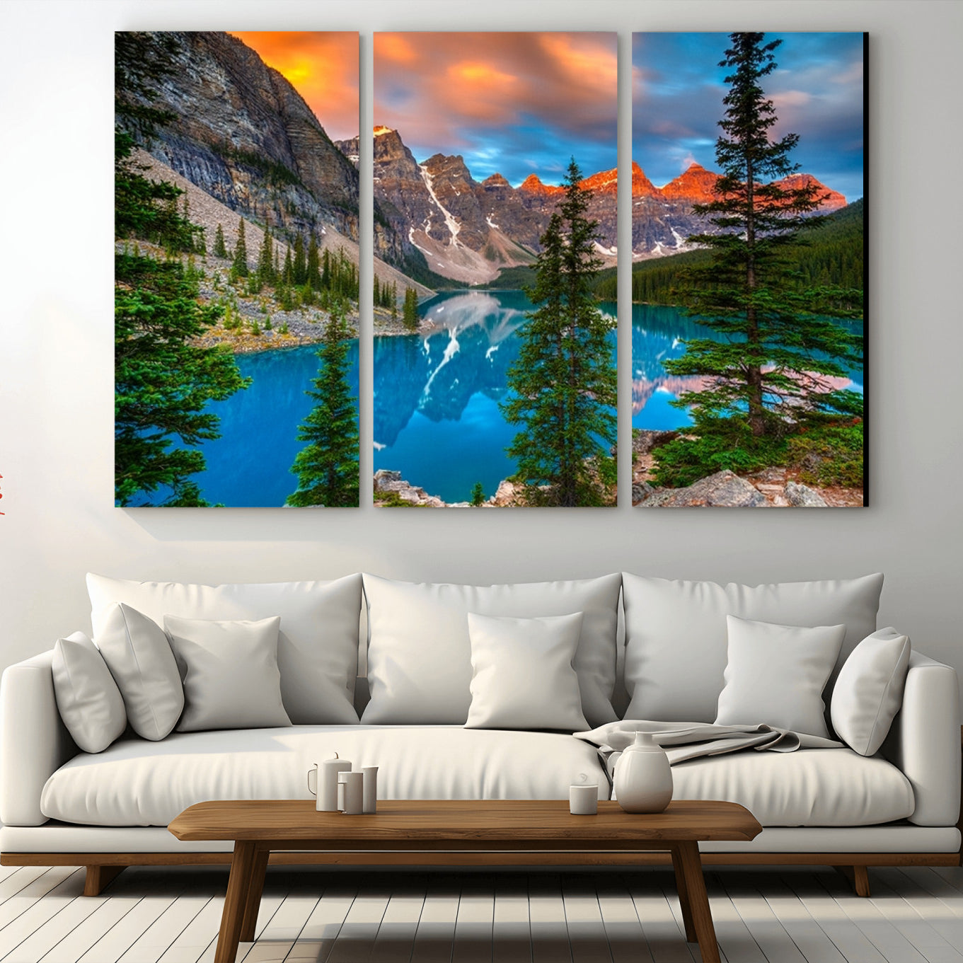 -Canadian Rockies Moraine Lake Wall Art Canvas Print, Pine Trees Mountain Spring Canvas Print