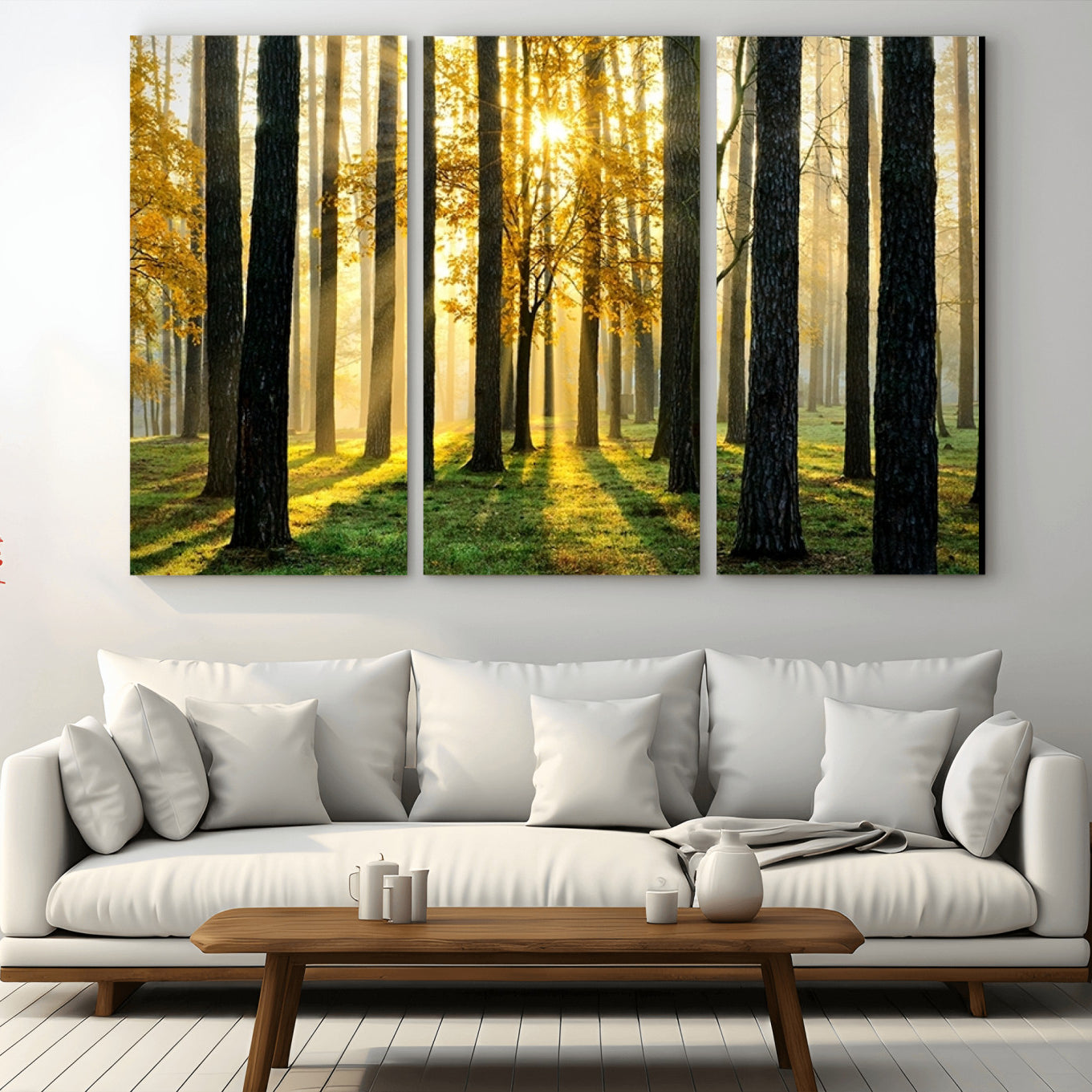 -Sunlit Forest Wall Art Canvas Print - Large Framed Woodland Wall Art for Home or Office Decor,