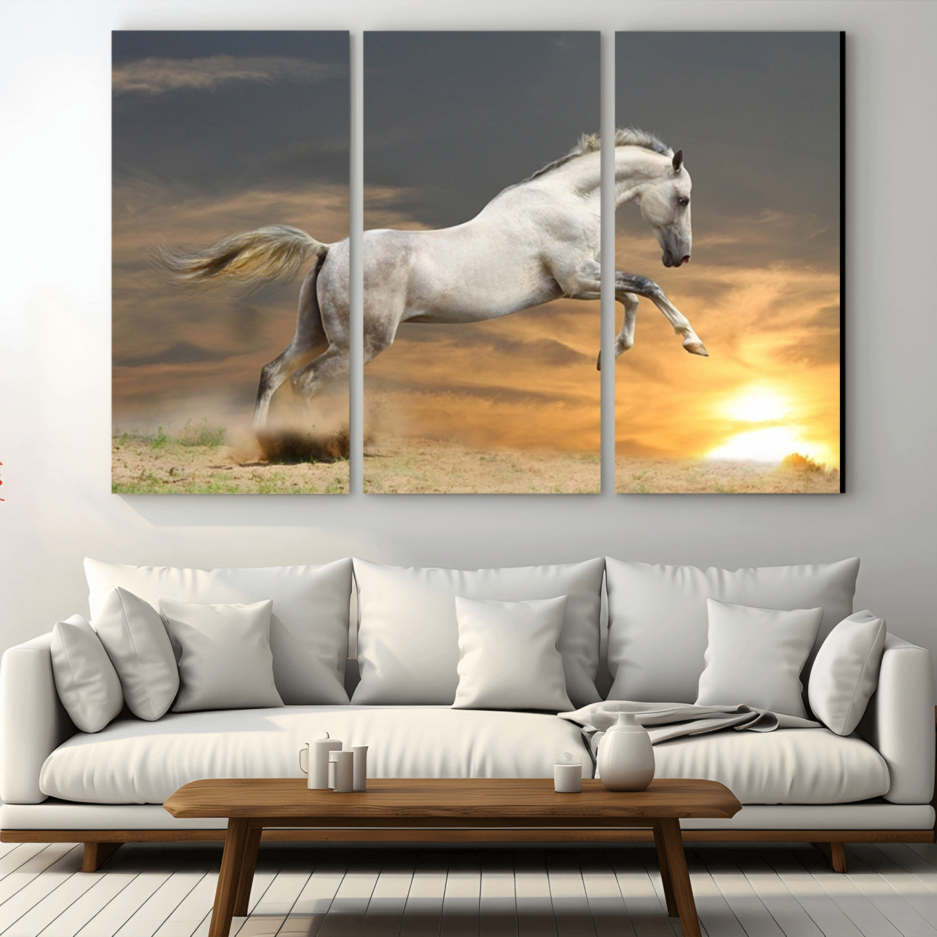 -Large Wall Art Canvas Print – White Jumping Horse Sunset Scene Animal Artwork for Home, Office, Living Room Decor