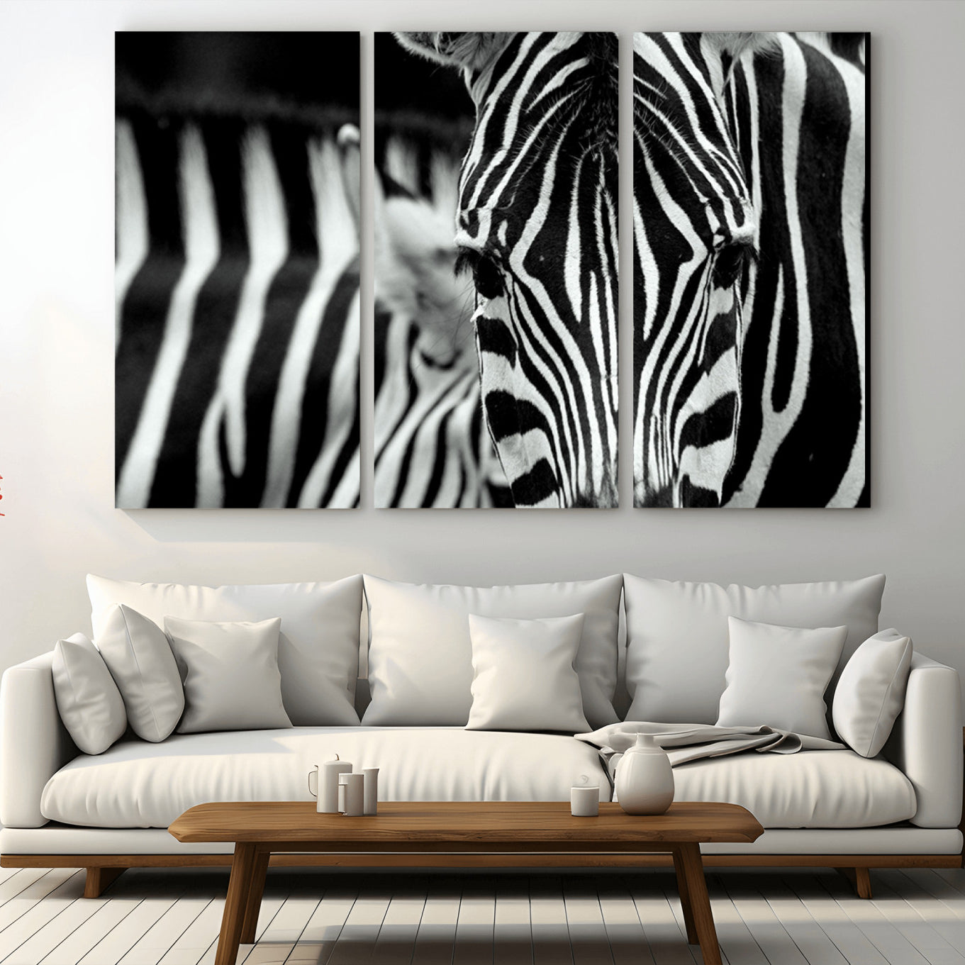 MGV-CV-48X32-3P - Zebra Wall Art – Close Up Black and White Animal Print, Bold Safari Decor for Living Room, Office, or Bedroom