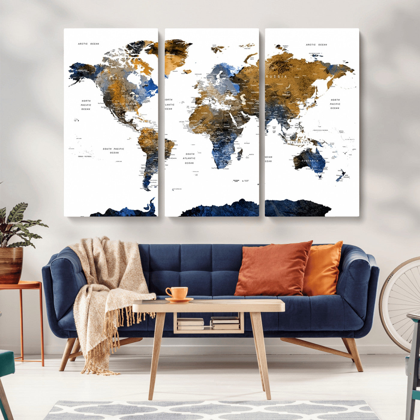56231-MGV-CV-36X24-Navy and Gold World Map Canvas Wall Art – Framed Modern World Map Print, Elegant Travel Inspired Artwork for Home and Office Decor