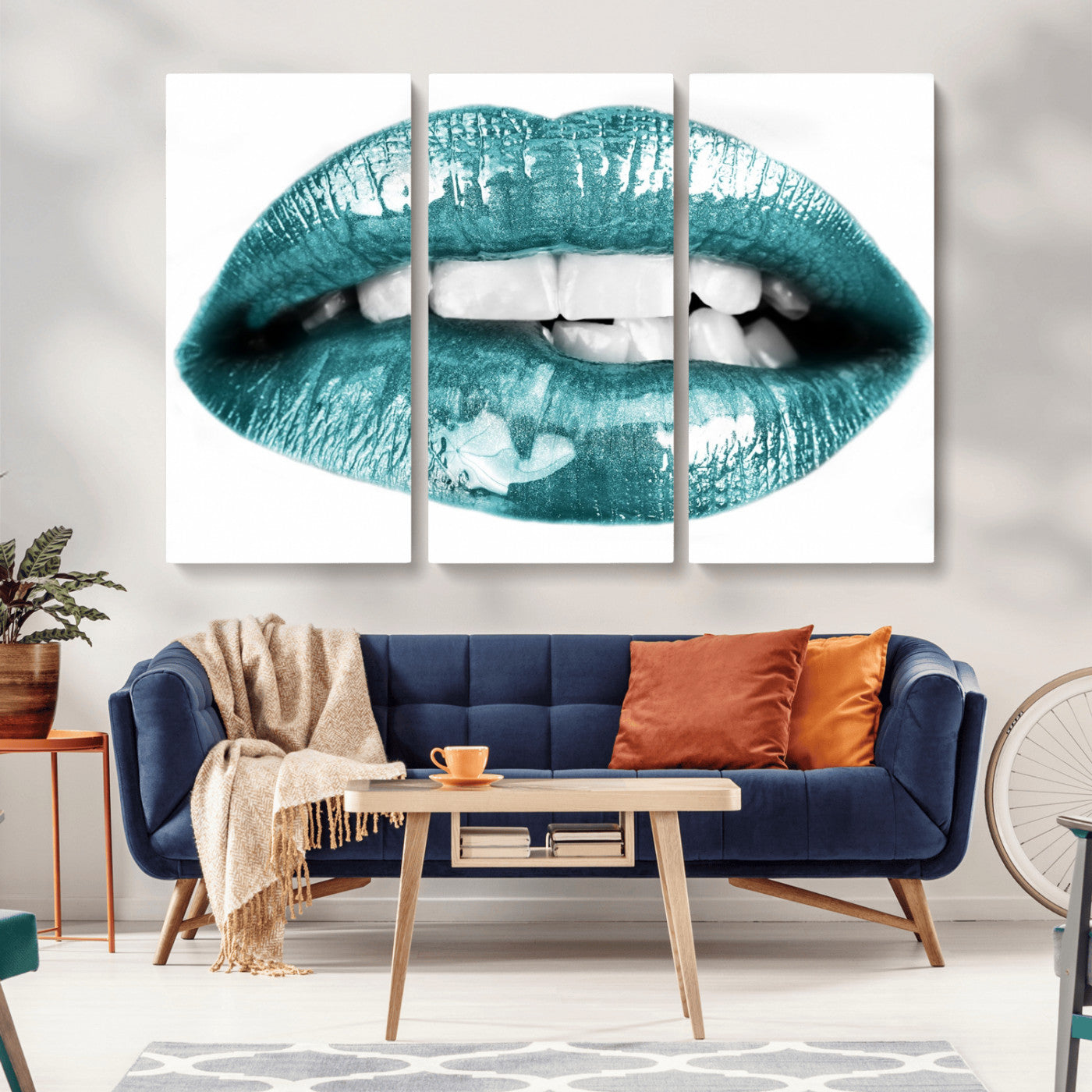-Blue Lips Wall Art Canvas Print