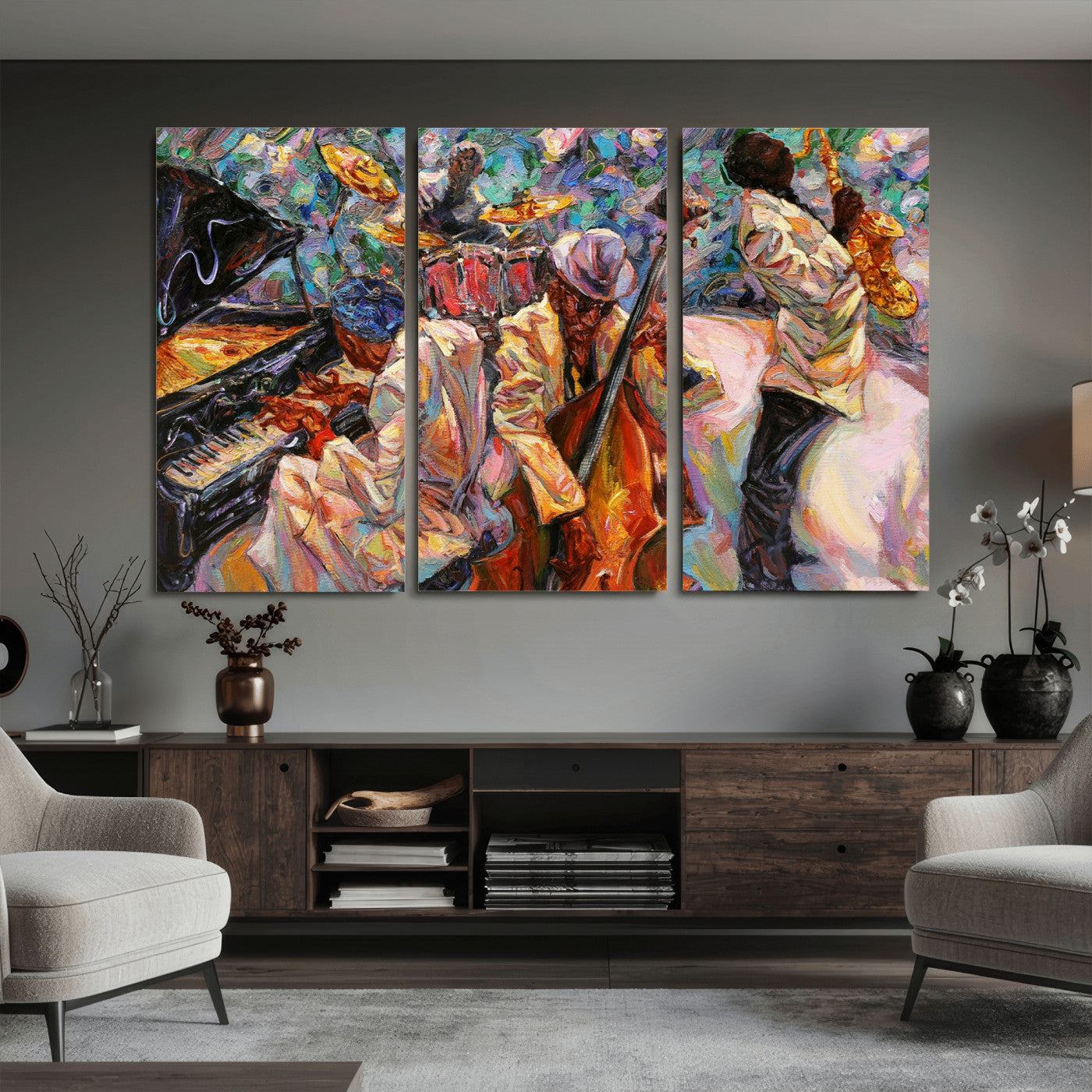 34929-MGV-CV-36X24 - African American Jazz Art Music Abstract Wall Art Painting Canvas Wall Art