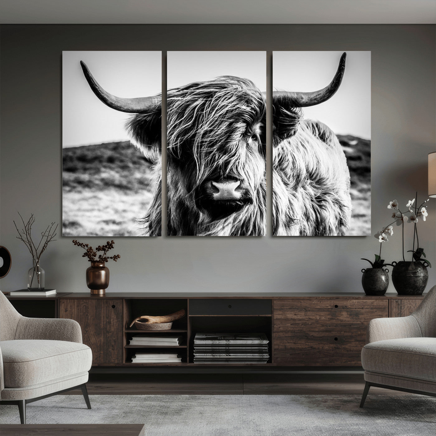 36979-MGV-CV-36X24 - Handsome Scottish Cow Black and White Wall Decor Canvas Art Print Extra Large Wall Art Highland Cattle Canvas Picture Animal Art Nature Photography High Quality Original Canvas Framed Ready to Hang