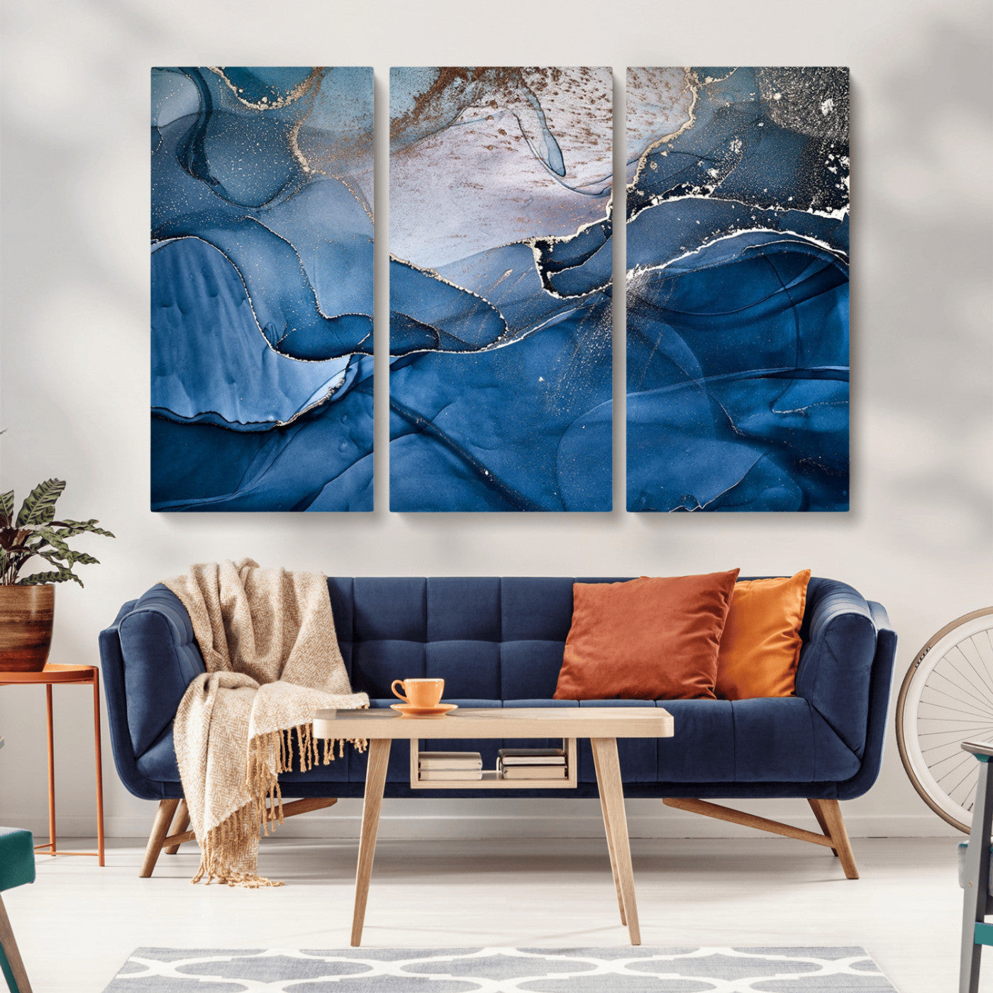 27810-MGV-CV-36X24-Navy Blue Canvas Art Abstract Print – Elegant Triptych Modern Art Print – Contemporary Decor for Living Room or Office