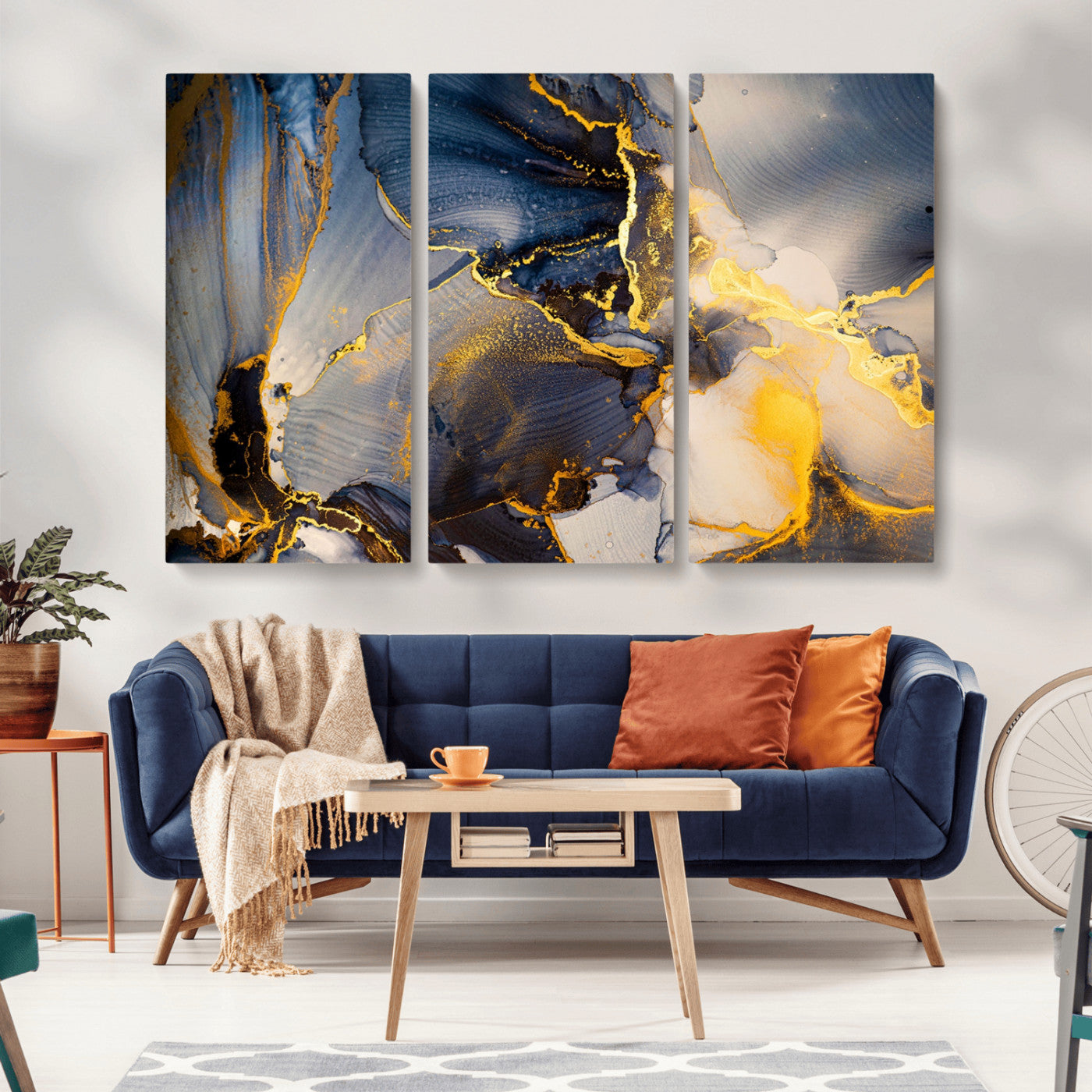 42100-MGV-CV-36X24-Large Abstract Wall Art Print - Gold and Blue Abstract Canvas Wall Art | Fluid Ink Modern Luxury
