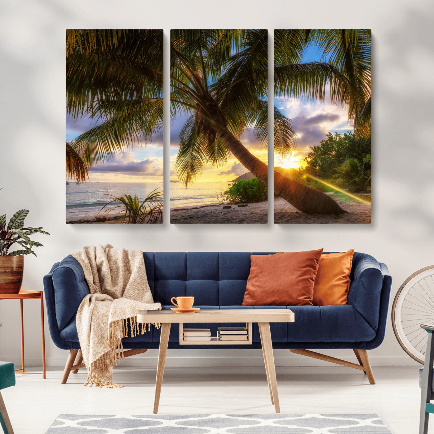 -Tropical Island Sunset on the Beach Palms Wall Art Canvas Print