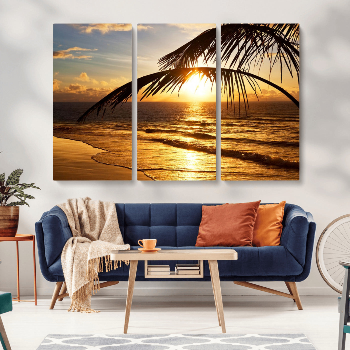 -Golden Tropical Beach Sunset Canvas Triptych, Coastal Palm Tree Wall Art, Ocean Shoreline Giclee