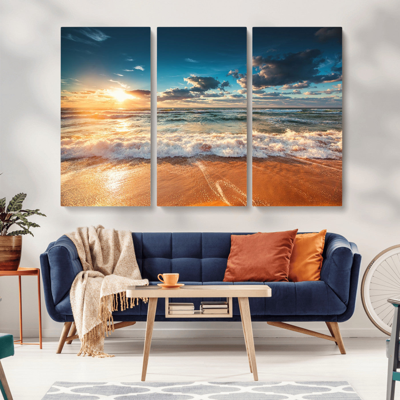 -Golden Sunset Beach Triptych Canvas Art, Giclee Coastal Wall Decor, Ocean Waves Print, Modern Beach