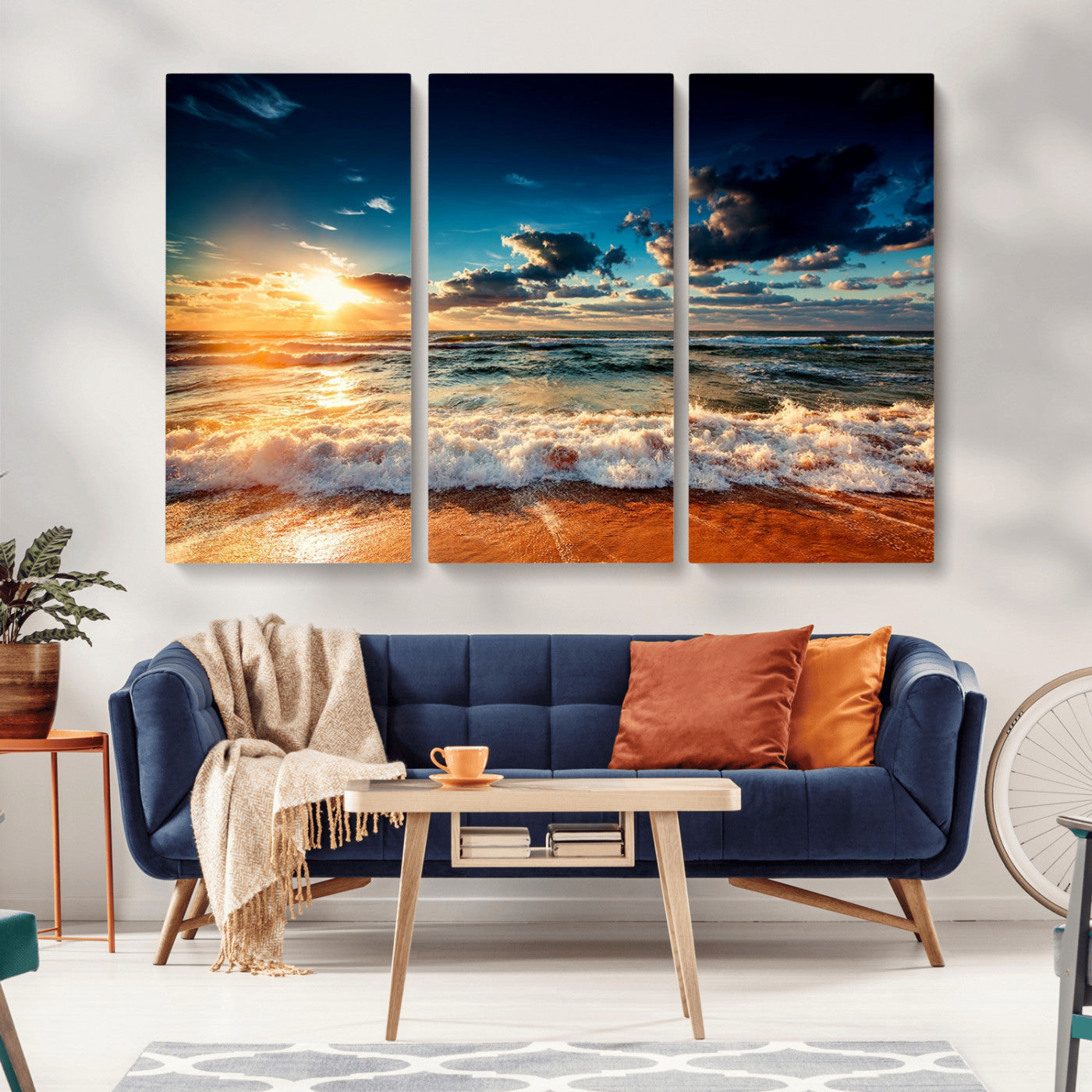 26996-MGV-CV-48X32-3P-Golden Hour Sunset Over Ocean Waves Wall Art Canvas Print | 3 Panel Coastal Landscape Canvas Wall