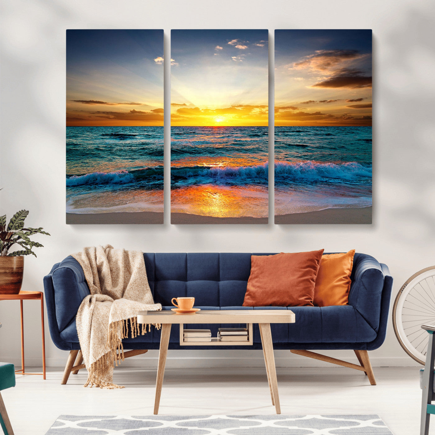 -Vibrant Ocean Sunrise Over Golden Beach Waves, Giclee Canvas Wall Art Set, High-Quality Stretched