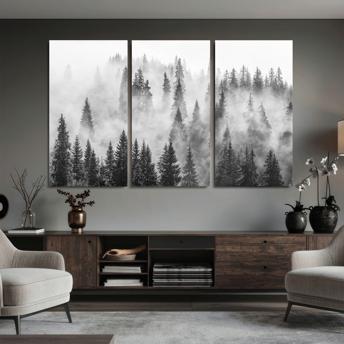 10422-MGV-CV-36X24 - Forest Wall Art Print | Foggy Pine Forest Canvas Wall Art - Black and White Nature Decor for Living