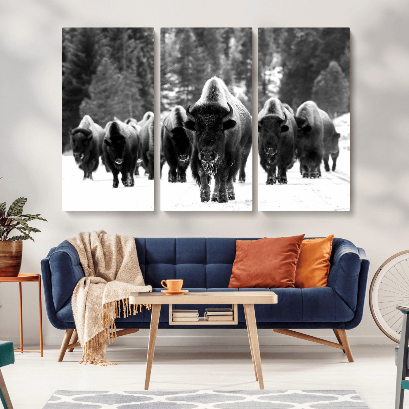 62434-MGV-CV-36X24-Bison Herd in Snow Wall Art Canvas Print | Rustic Western Bison Wall Art for Decor for Living Room,