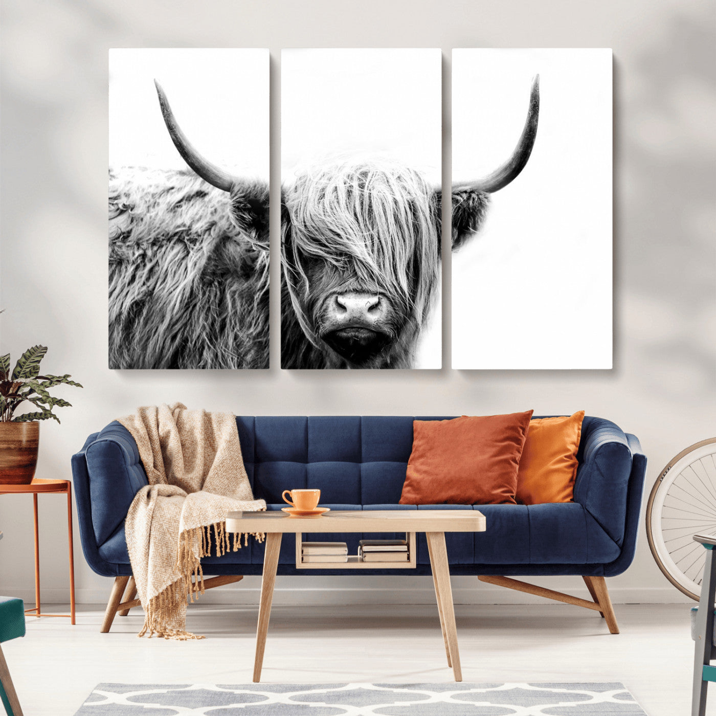51957-MGV-CV-36X24-Black White Scottish Highland Cow Cattle Art Print Farmhouse Wall Art Canvas Print