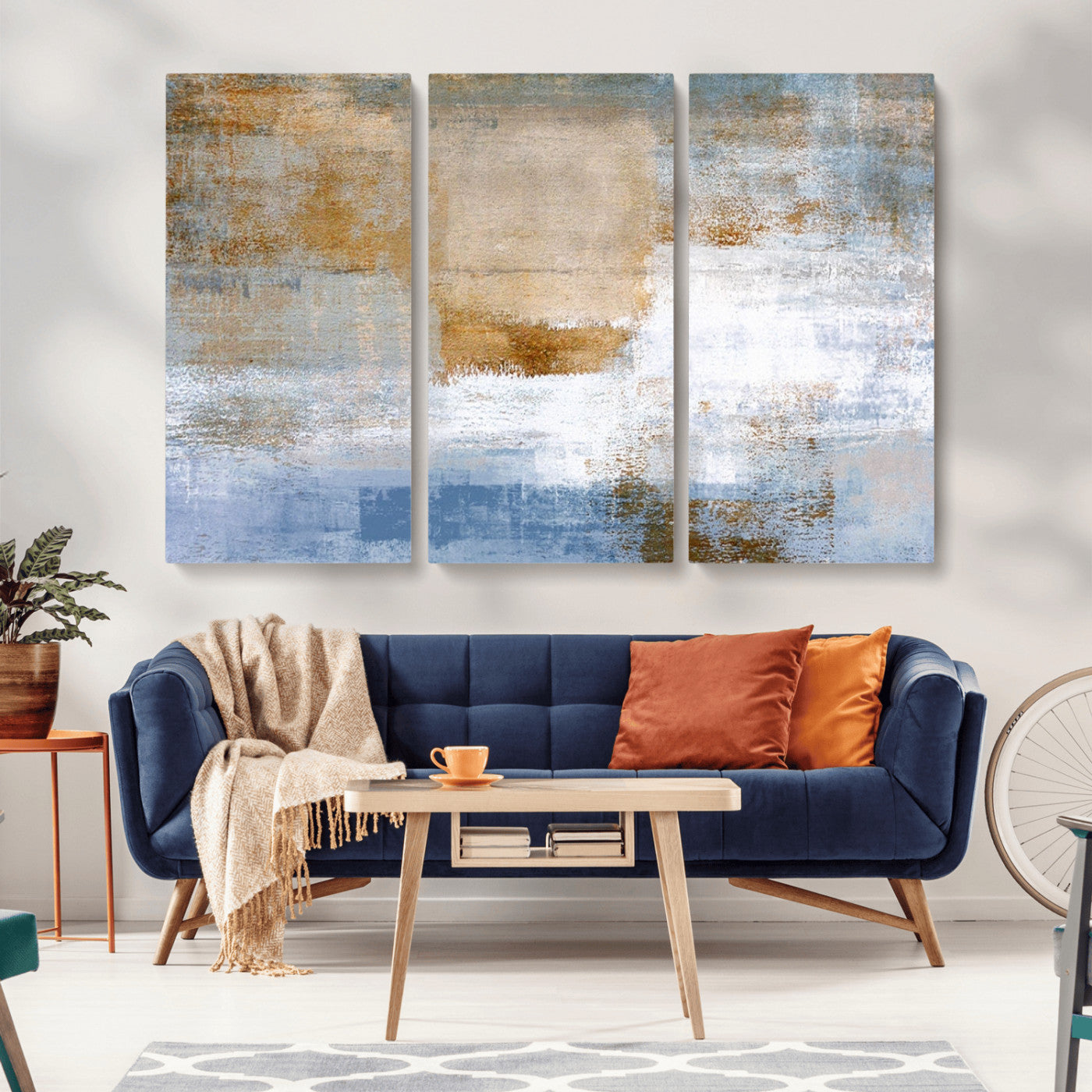 72354-MGV-CV-36X24-Blue Multi Panel Abstract Wall Art Canvas, Abstract Blue and Gold Canvas Print