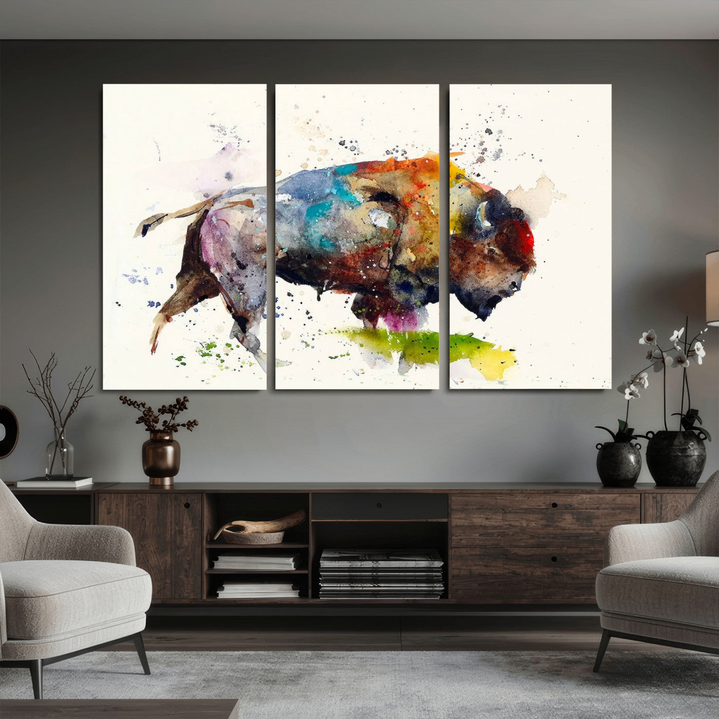 44504-MGV-CV-36X24 - Abstract Buffalo Wall Art, Western Watercolor Bison Canvas Print, Rustic Buffalo Art for Cowboy and