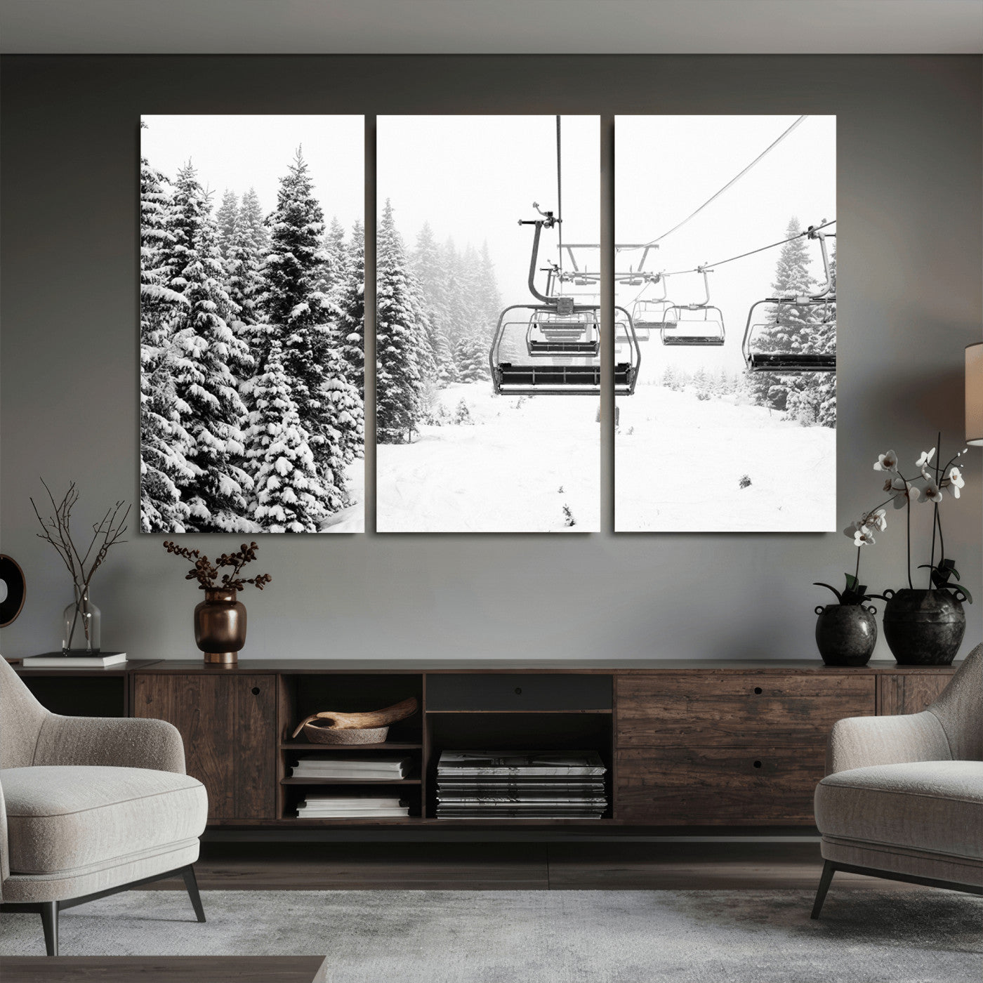70609-MGV-CV-36X24 - Ski Wall Art - Ski Lift Wall Art Canvas Print Snow Covered Spruce Trees Winter Wall Art Ski Skier