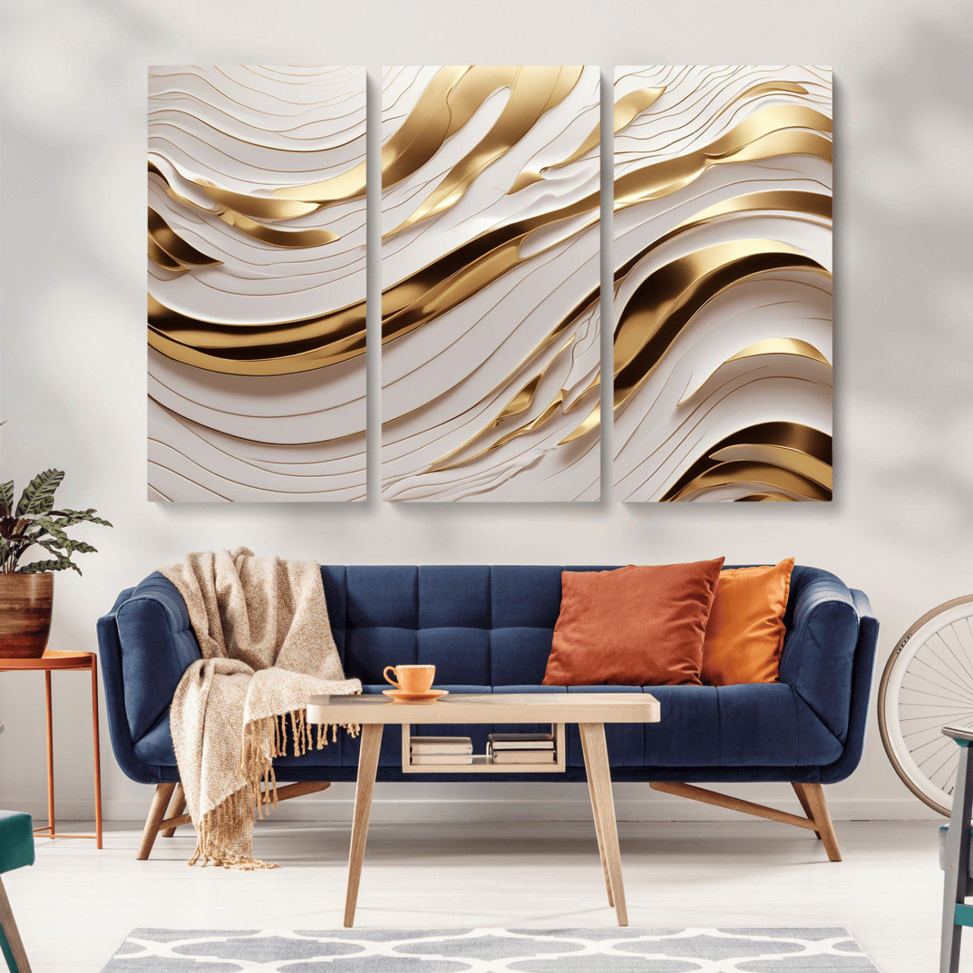 81197-MGV-CV-48X32-3P-Gold and White Abstract Wave Canvas – Elegant Flowing Design with Luxurious Golden Accents –
