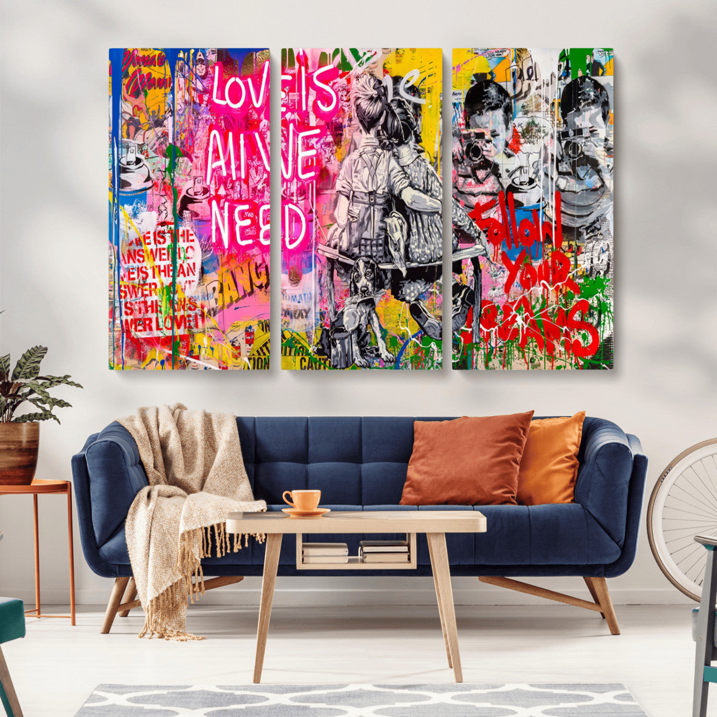 67019-MGV-CV-36X24-Follow Your Dreams & Love is All We Need Graffiti Street Art Triptych | Colorful Urban Wall Art