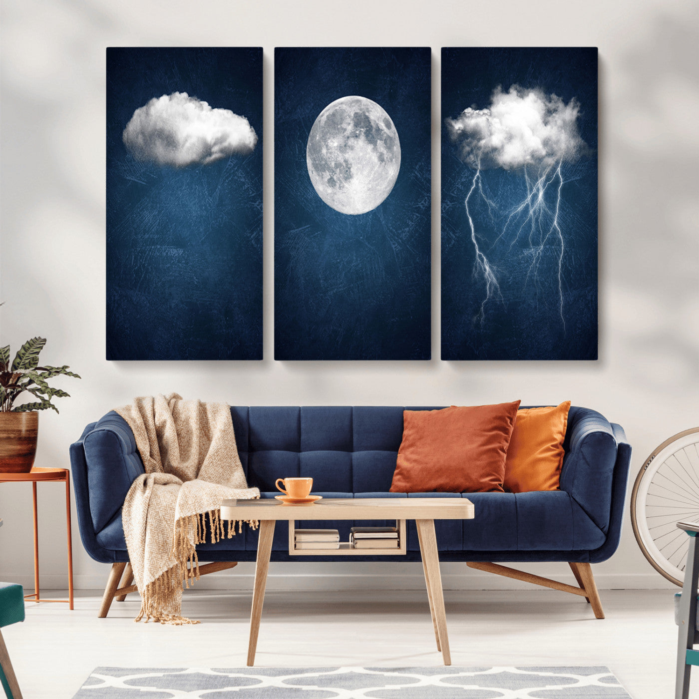 96569-MGV-CV-36X24-Dark Blue Cloud Art, 3 Piece Indigo Blue Wall Art, Aesthetic Surreal Art, Thunderstorm Moon Cloud
