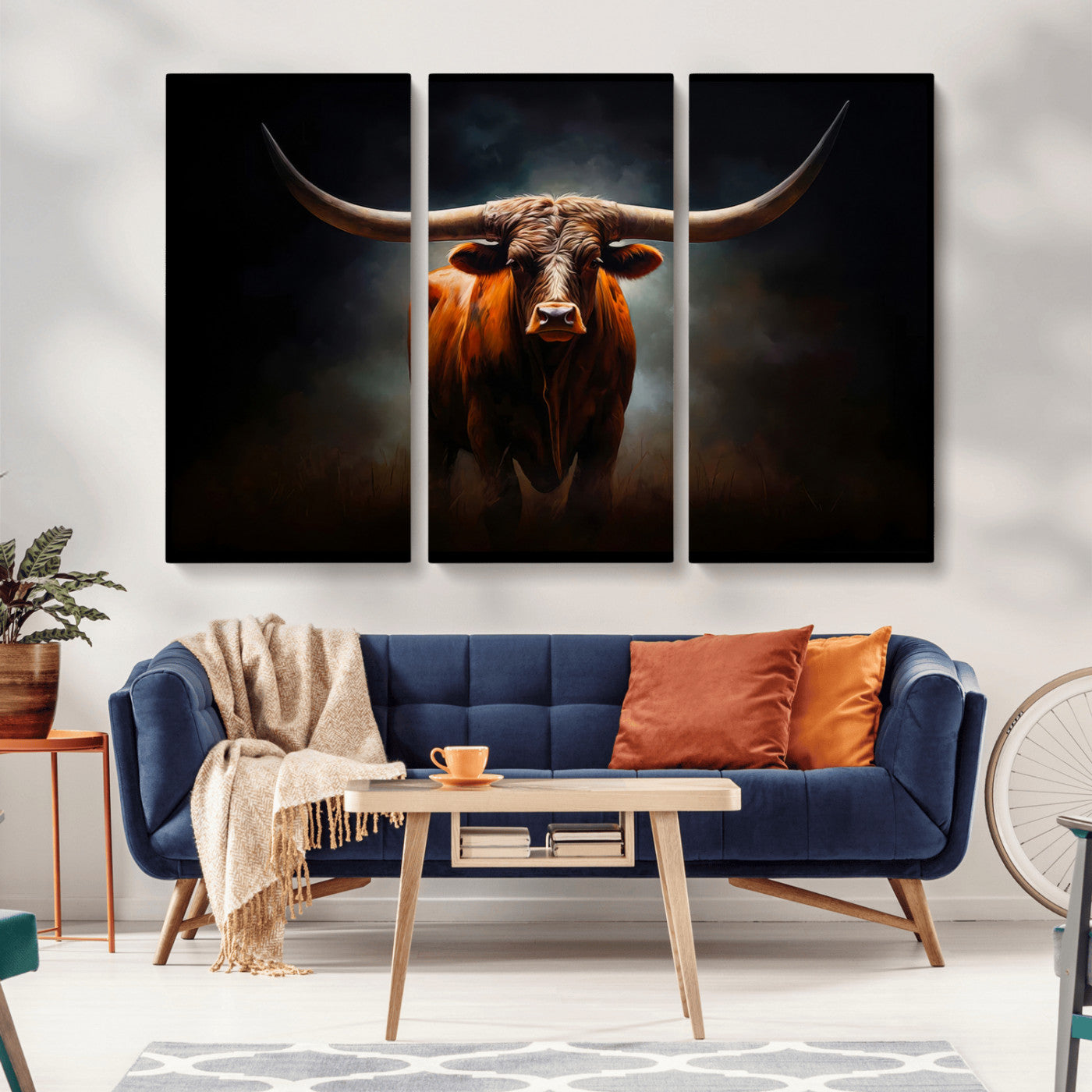 48896-MGV-CV-36X24 - Abstract Texas Longhorn Wall Art Print | 3-Panel Large Texas Longhorn Canvas Print for Living Room,