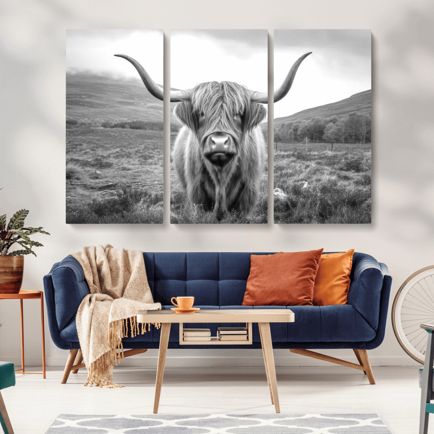 -Black White Scottish Highland Cow Canvas Farm Wall Art Canvas Print Rustic Animal Art for Home, Office Decor