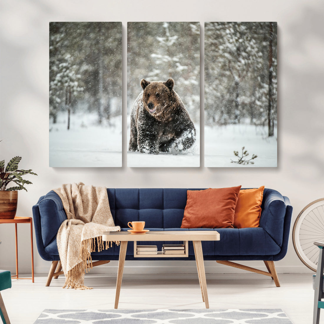 Grizzly Bear Wall Art | Framed Snowy Forest Canvas Artwork